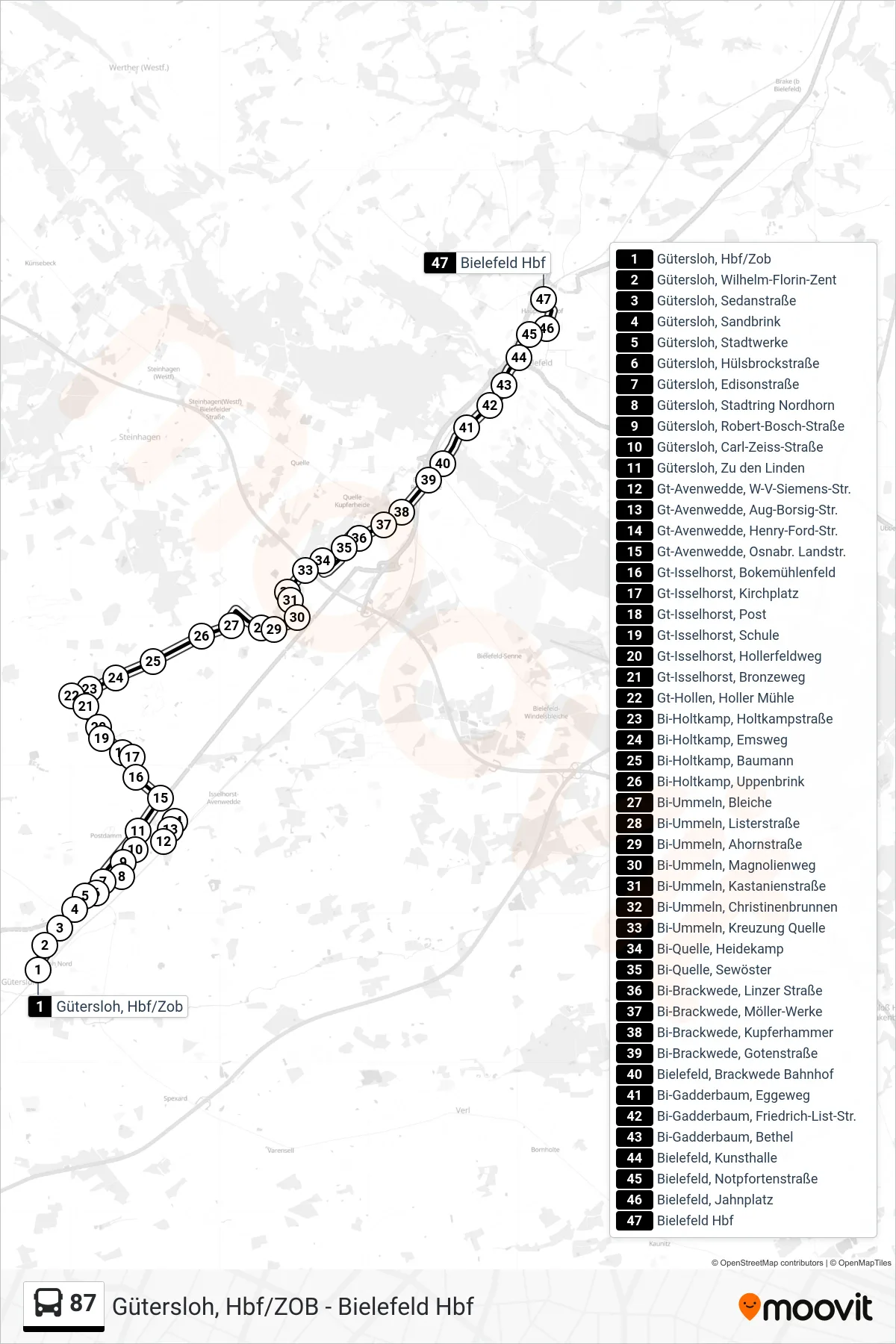 Linie 87 (Bus) Richtung Bielefeld Hbf: Route und Haltestellen auf der Karte