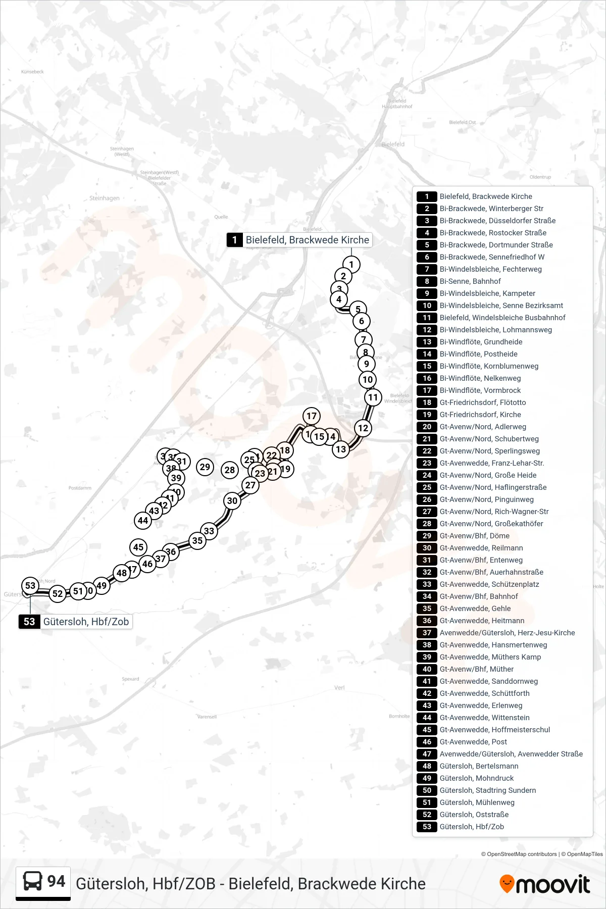 Linie 94 (Bus) Richtung Gütersloh, Hbf/Zob: Route und Haltestellen auf der Karte