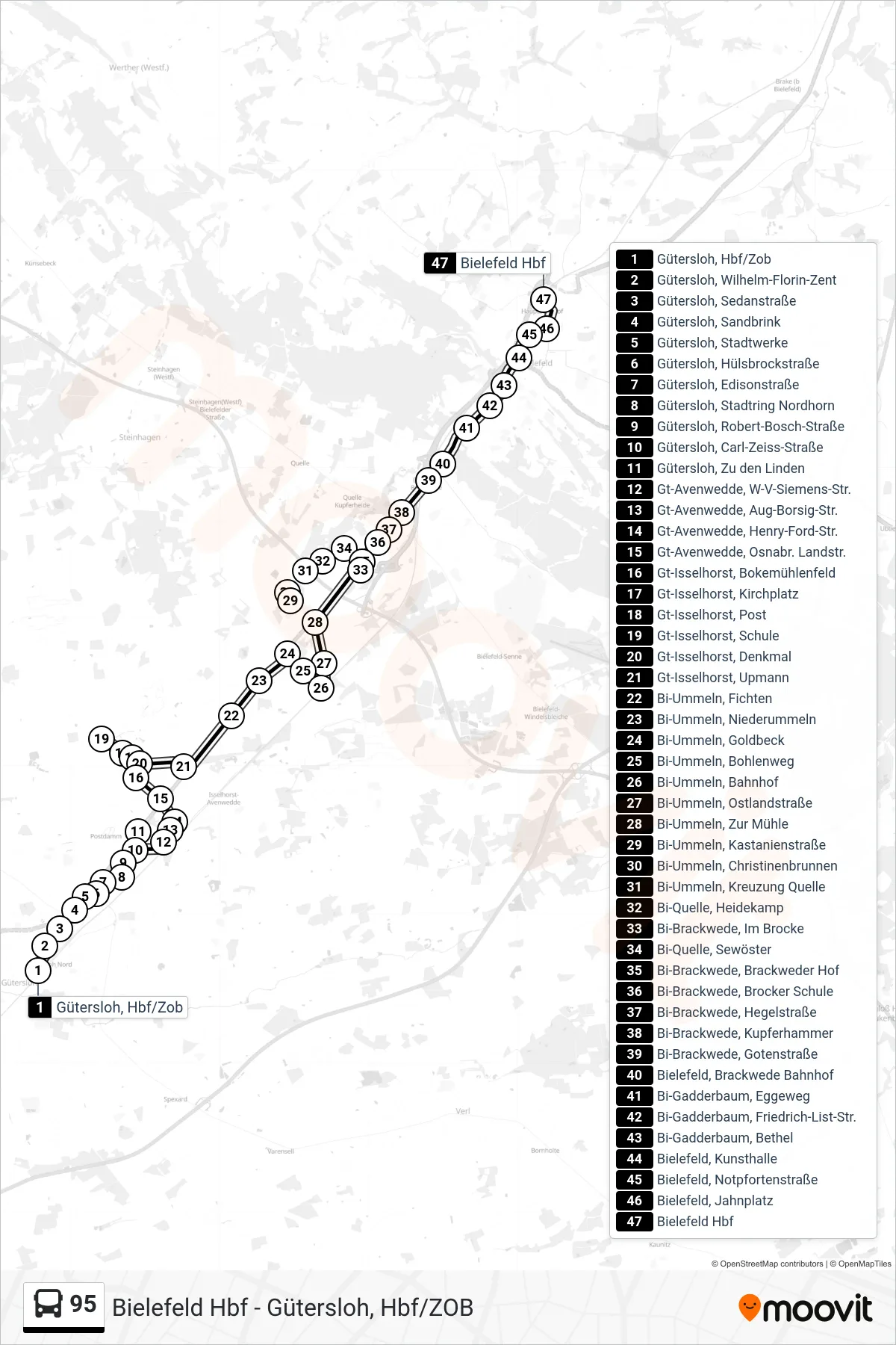 Linie 95 (Bus) Richtung Bielefeld Hbf: Route und Haltestellen auf der Karte