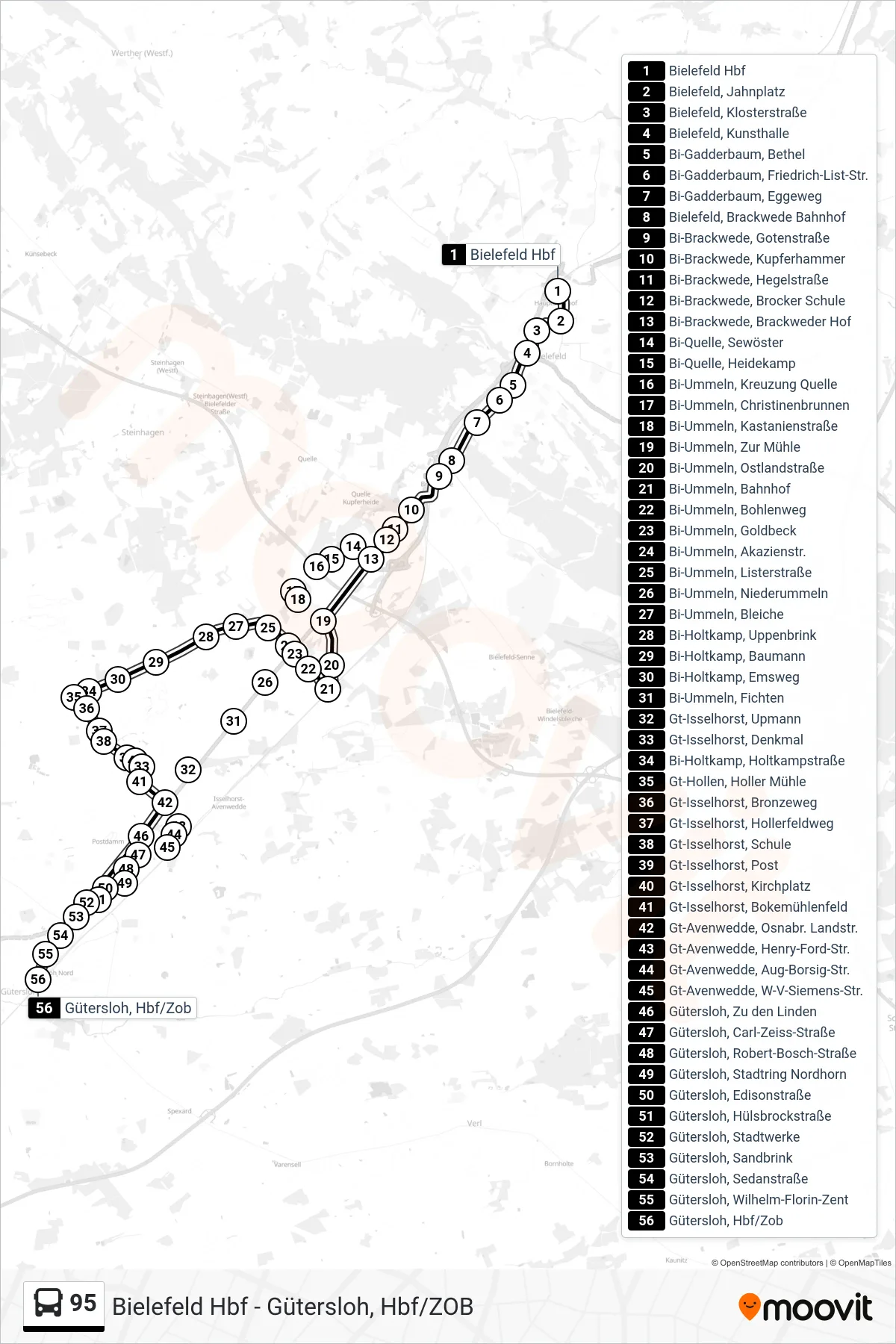 Linie 95 (Bus) Richtung Gütersloh, Hbf/Zob: Route und Haltestellen auf der Karte