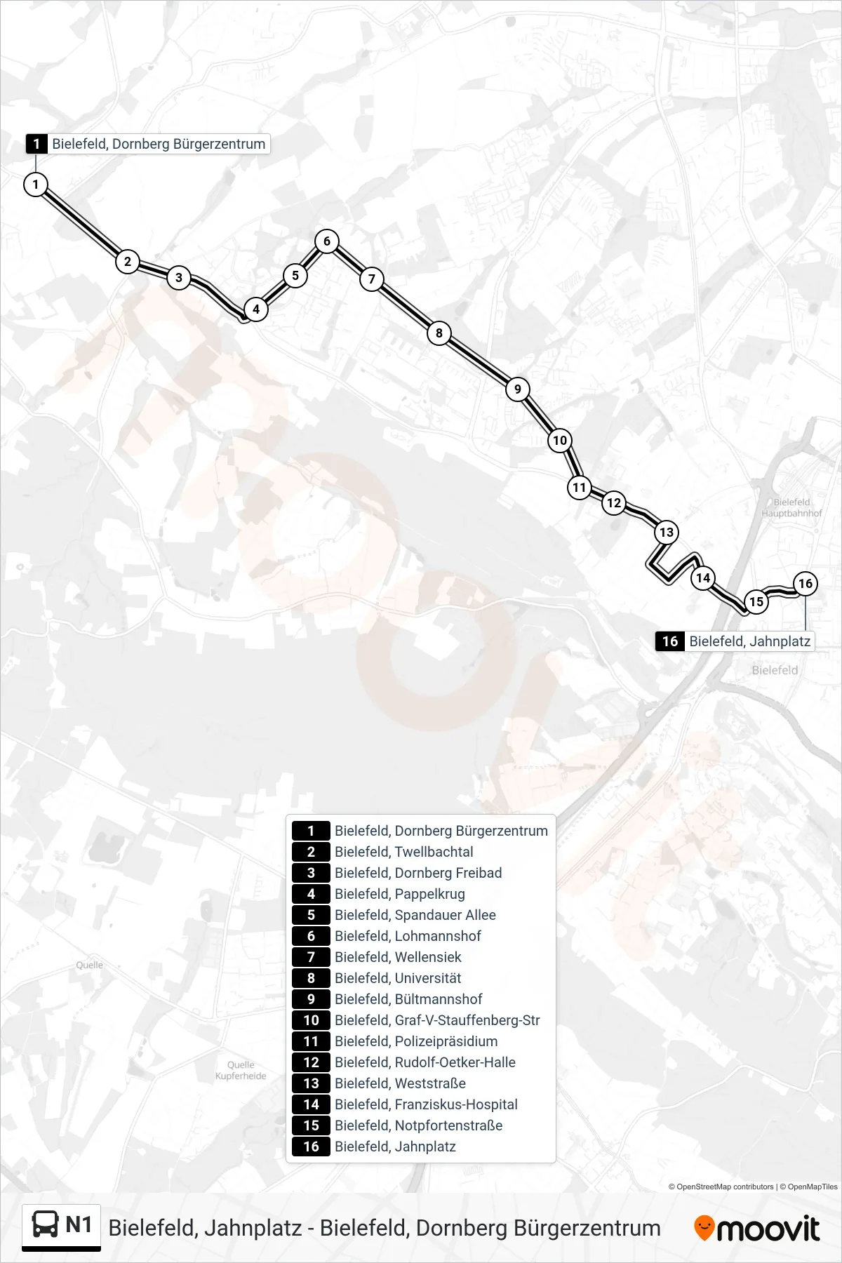 Linie N1 (Bus) Richtung Bielefeld, Jahnplatz: Route und Haltestellen auf der Karte