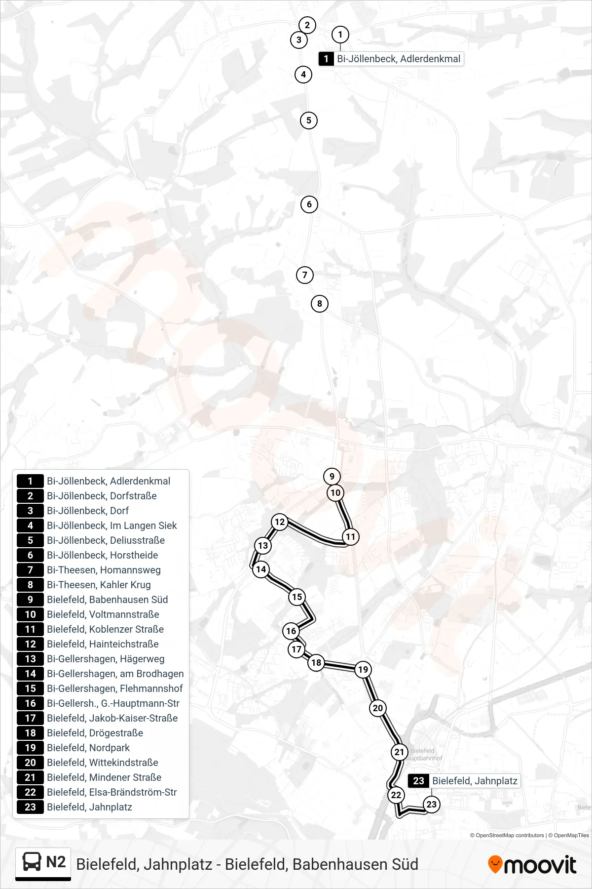 Linie N2 (Bus) Richtung Bielefeld, Jahnplatz: Route und Haltestellen auf der Karte
