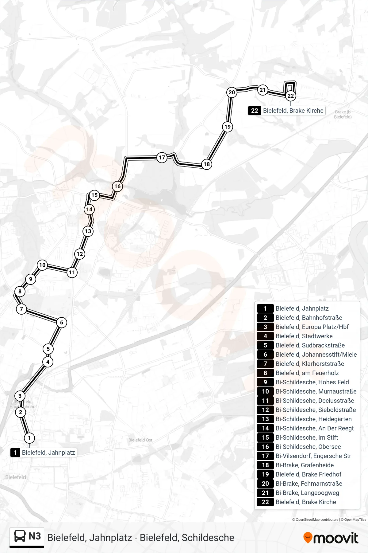 Linie N3 (Bus) Richtung Bielefeld, Brake Kirche: Route und Haltestellen auf der Karte