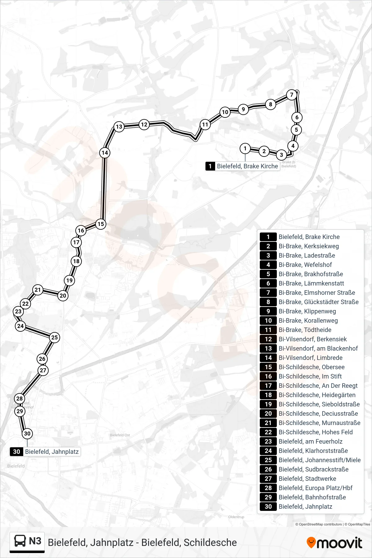 N3 bus Line (Bielefeld, Jahnplatz) route and stops on a map