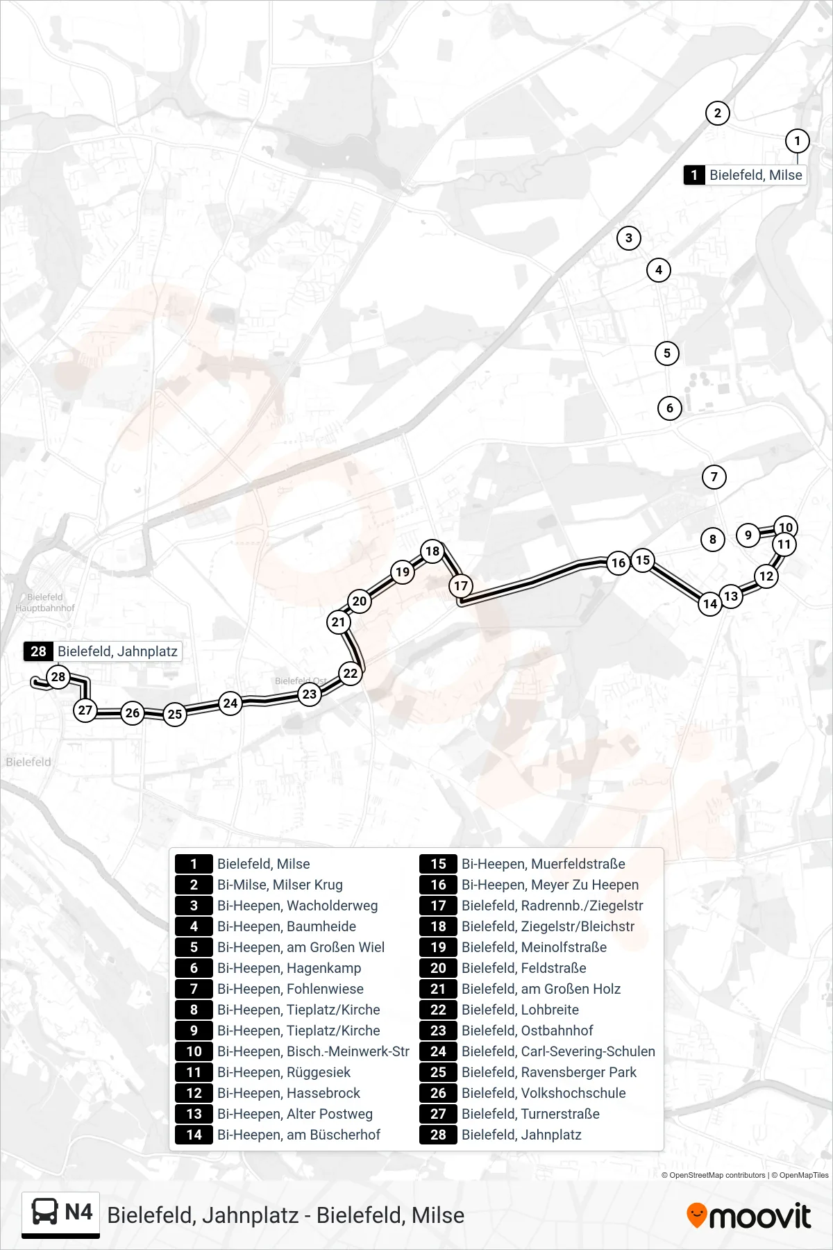 Linie N4 (Bus) Richtung Bielefeld, Jahnplatz: Route und Haltestellen auf der Karte