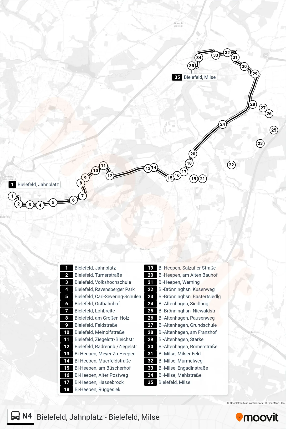 Linie N4 (Bus) Richtung Bielefeld, Milse: Route und Haltestellen auf der Karte