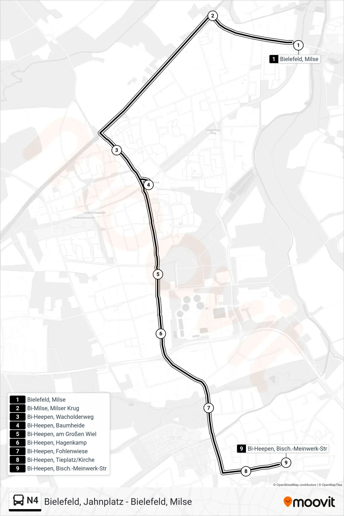 Linie N4 (Bus) Richtung Bi-Heepen, Bisch.-Meinwerk-Str: Route und Haltestellen auf der Karte