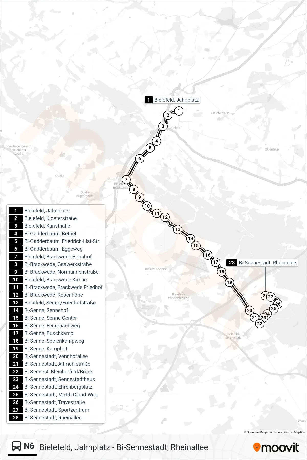 Linie N6 (Bus) Richtung Bi-Sennestadt, Rheinallee: Route und Haltestellen auf der Karte