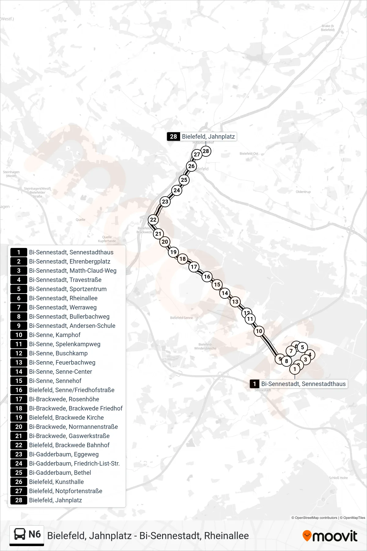 Linie N6 (Bus) Richtung Bielefeld, Jahnplatz: Route und Haltestellen auf der Karte