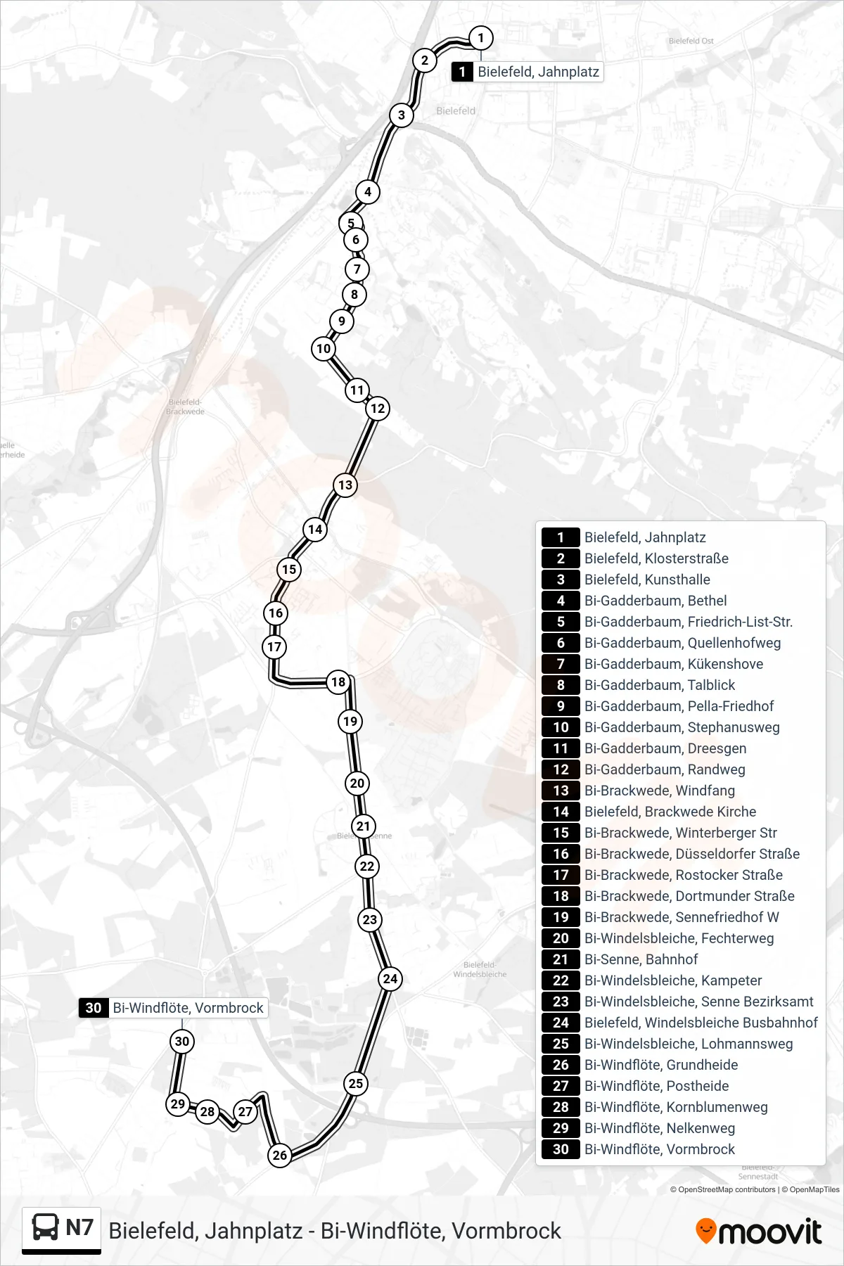 N7 bus Line (Bi-Windflöte, Vormbrock) route and stops on a map