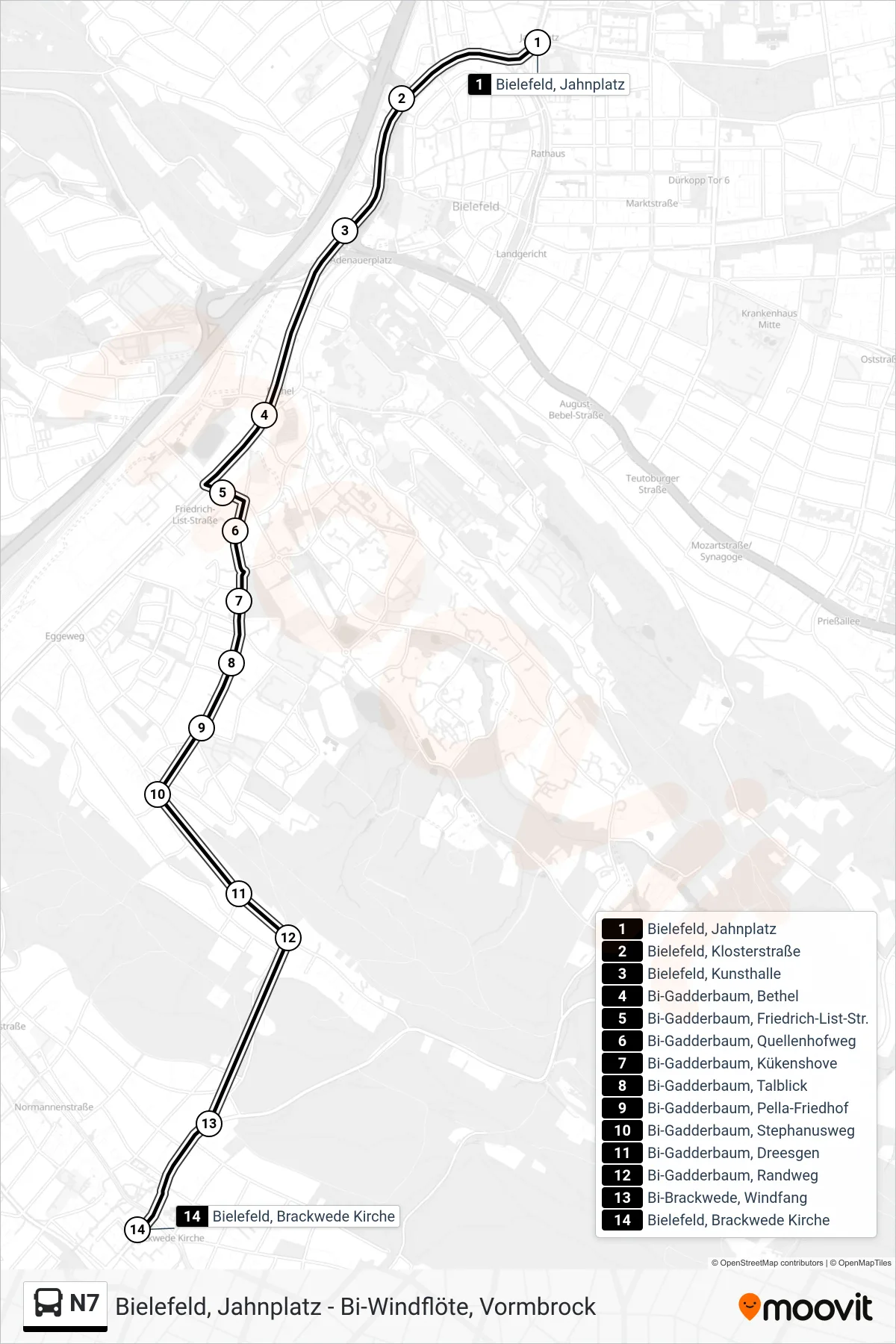 Linie N7 (Bus) Richtung Bielefeld, Brackwede Kirche: Route und Haltestellen auf der Karte