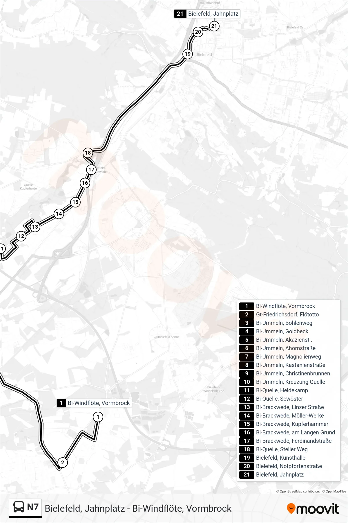 Linie N7 (Bus) Richtung Bielefeld, Jahnplatz: Route und Haltestellen auf der Karte