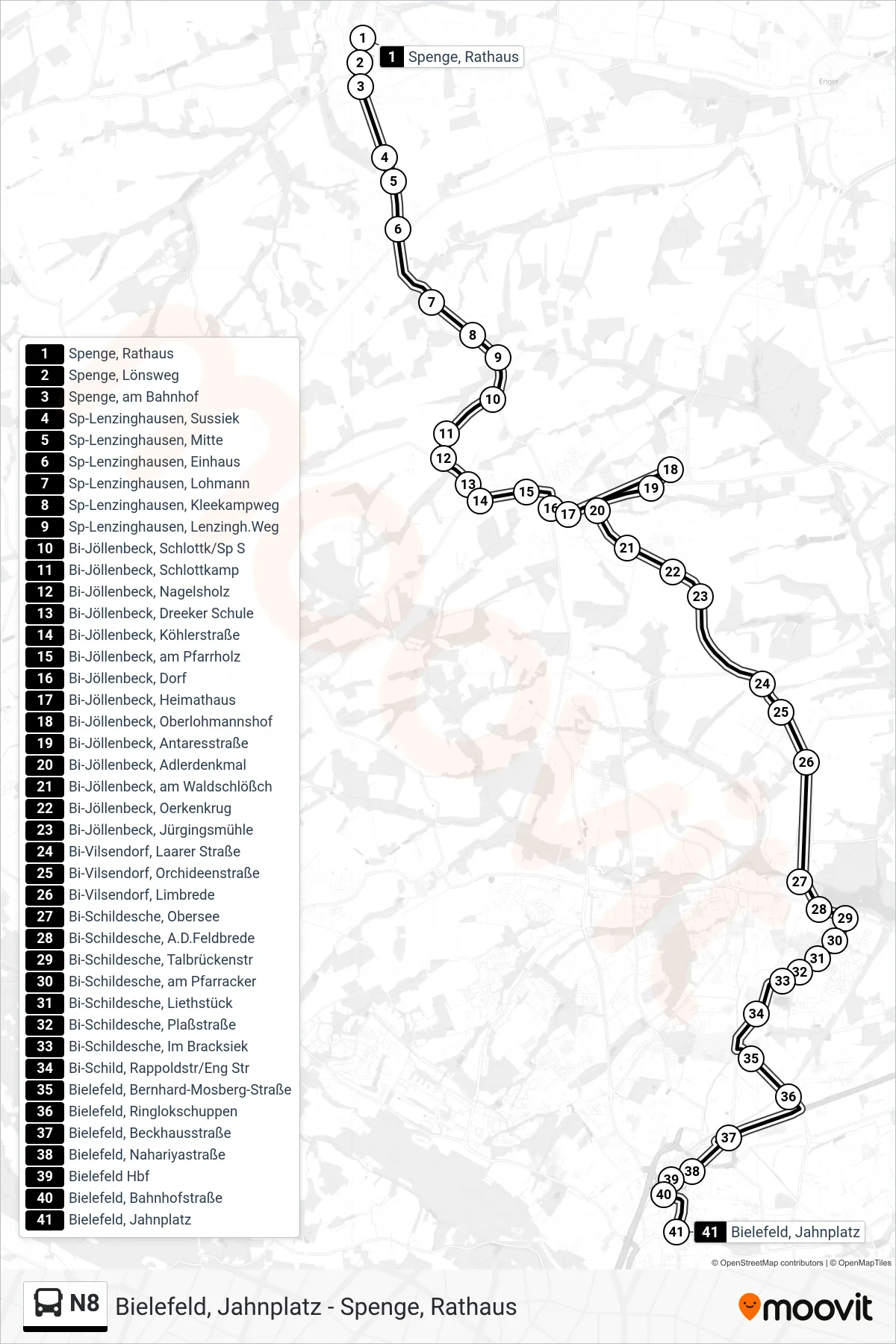N8 bus Line (Bielefeld, Jahnplatz) route and stops on a map