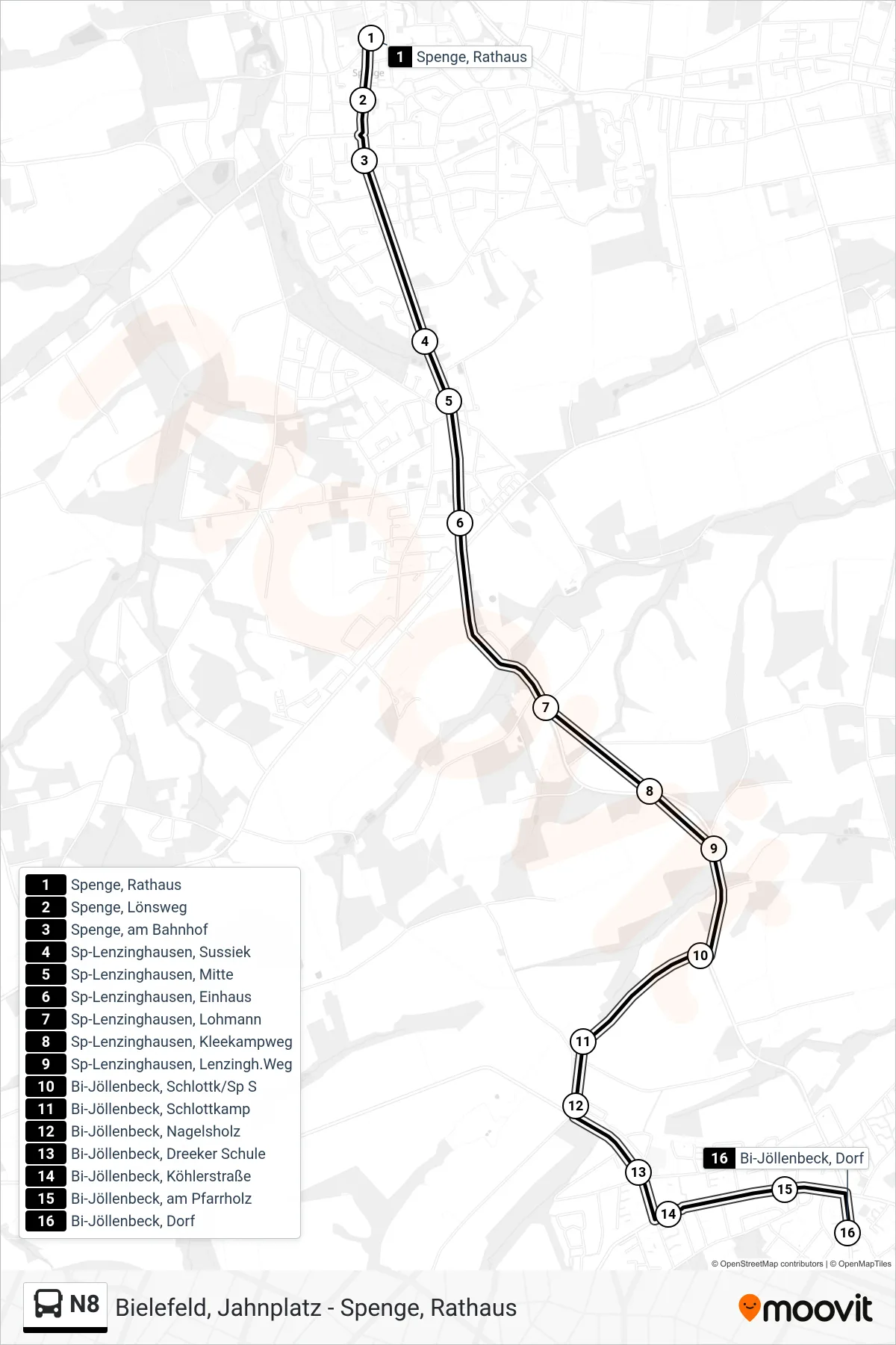 Linie N8 (Bus) Richtung Bi-Jöllenbeck, Dorf: Route und Haltestellen auf der Karte
