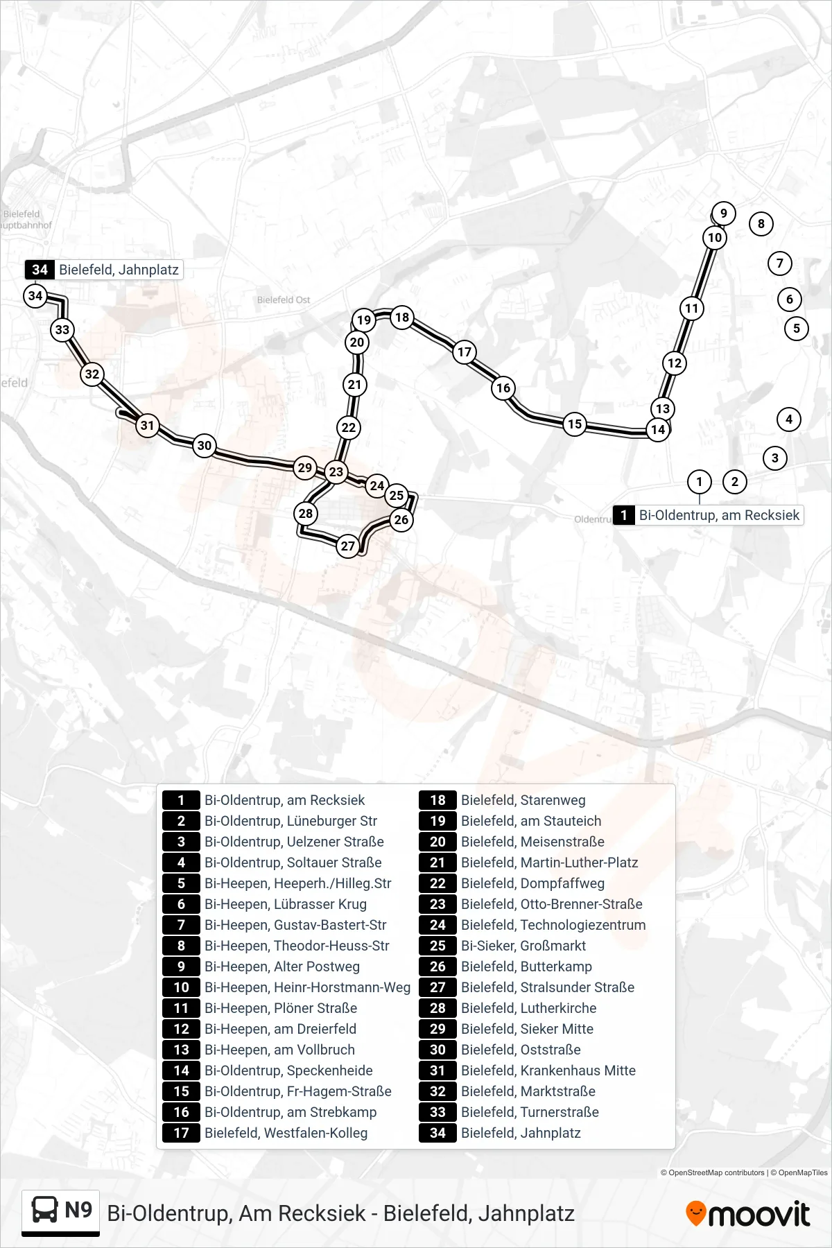 Linie N9 (Bus) Richtung Bielefeld, Jahnplatz: Route und Haltestellen auf der Karte