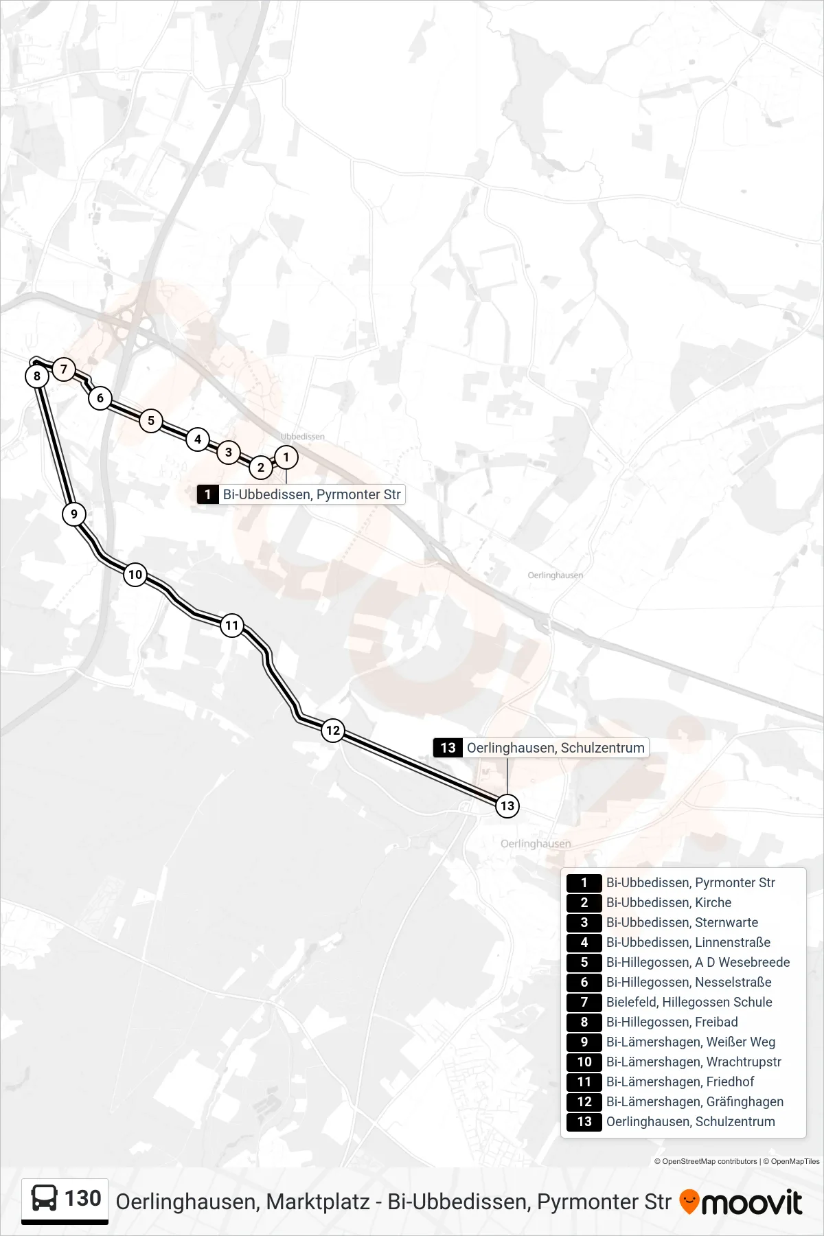 Linie 130 (Bus) Richtung Oerlinghausen, Schulzentrum: Route und Haltestellen auf der Karte