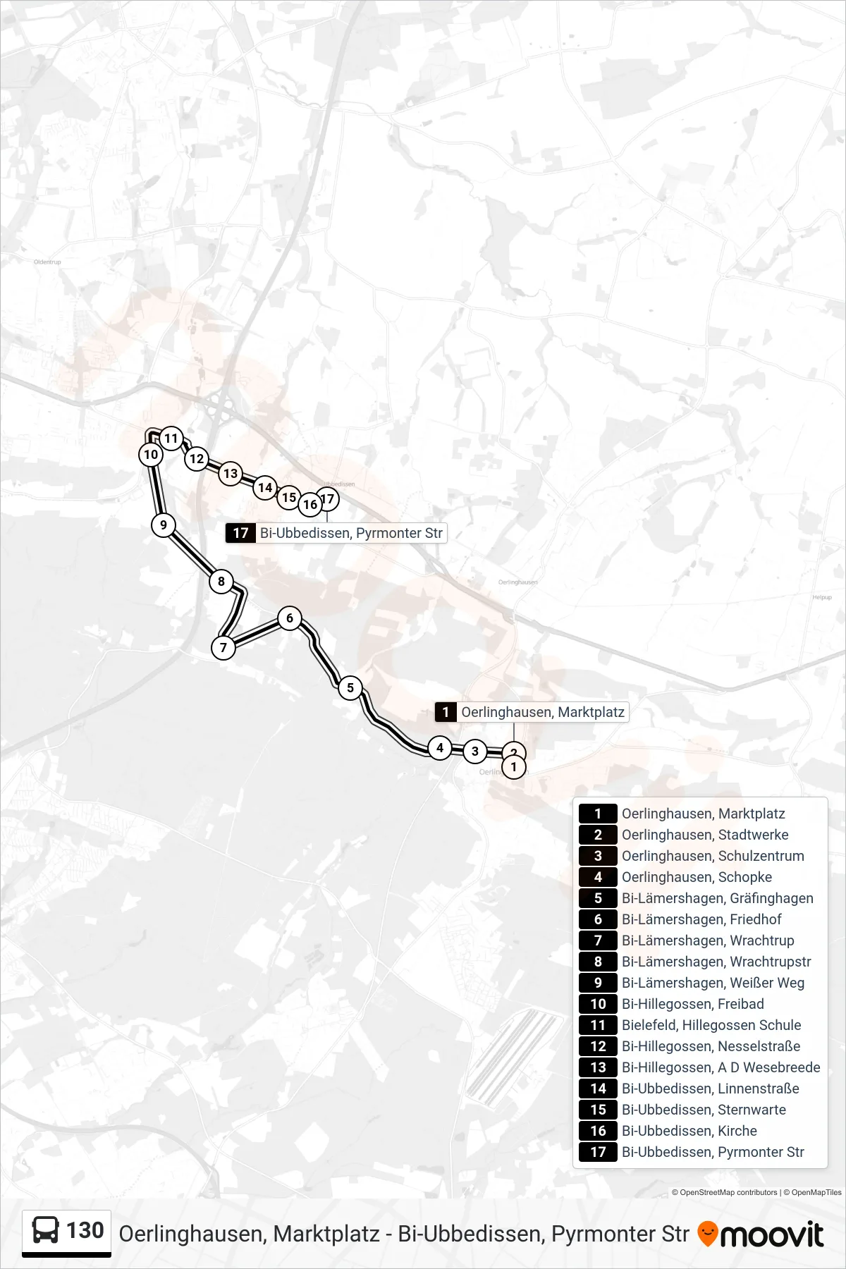 130 bus Line (Bi-Ubbedissen, Pyrmonter Str) route and stops on a map