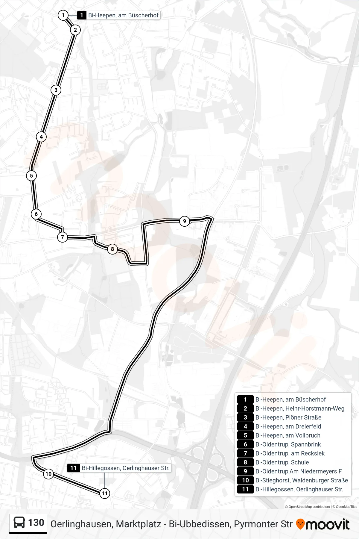 130 bus Line (Bi-Hillegossen, Oerlinghauser Str.) route and stops on a map