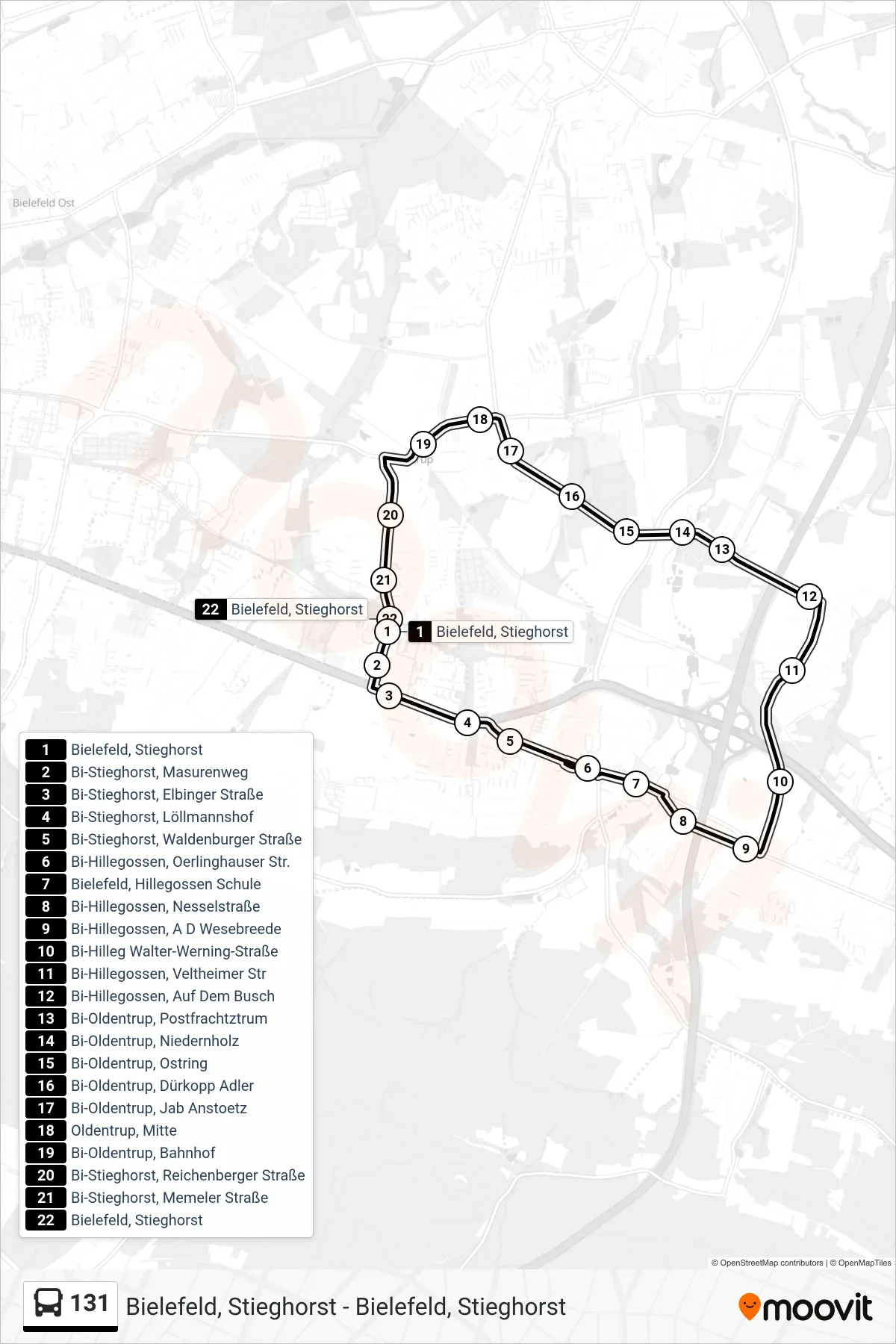 Linie 131 (Bus) Richtung Bielefeld, Stieghorst: Route und Haltestellen auf der Karte