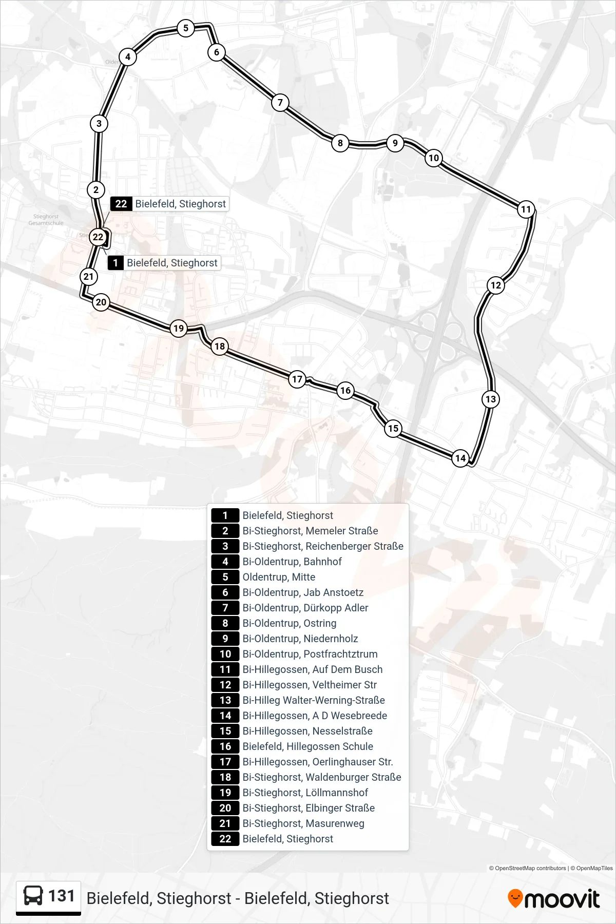 Linie 131 (Bus) Richtung Bielefeld, Stieghorst: Route und Haltestellen auf der Karte