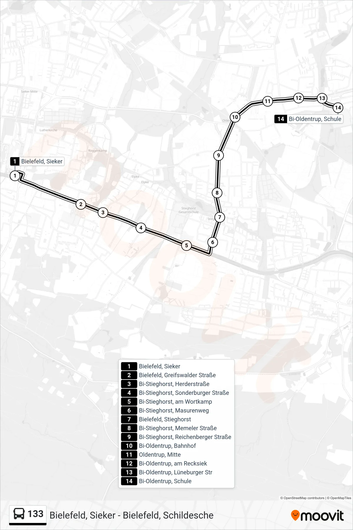 Linie 133 (Bus) Richtung Bi-Oldentrup, Schule: Route und Haltestellen auf der Karte