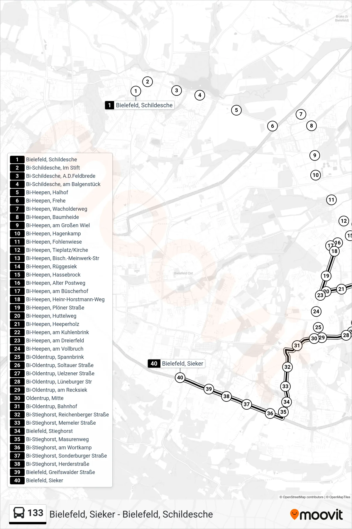 Linie 133 (Bus) Richtung Bielefeld, Sieker: Route und Haltestellen auf der Karte