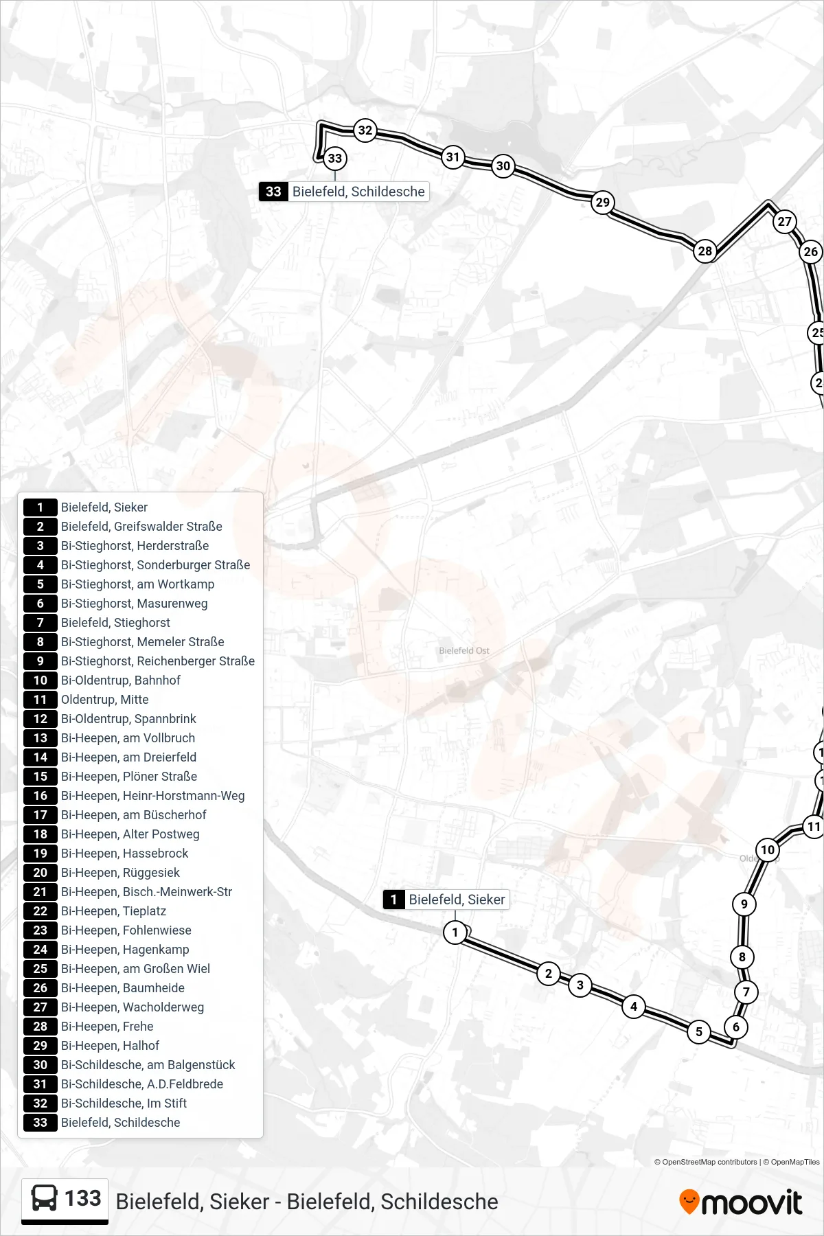 Linie 133 (Bus) Richtung Bielefeld, Schildesche: Route und Haltestellen auf der Karte