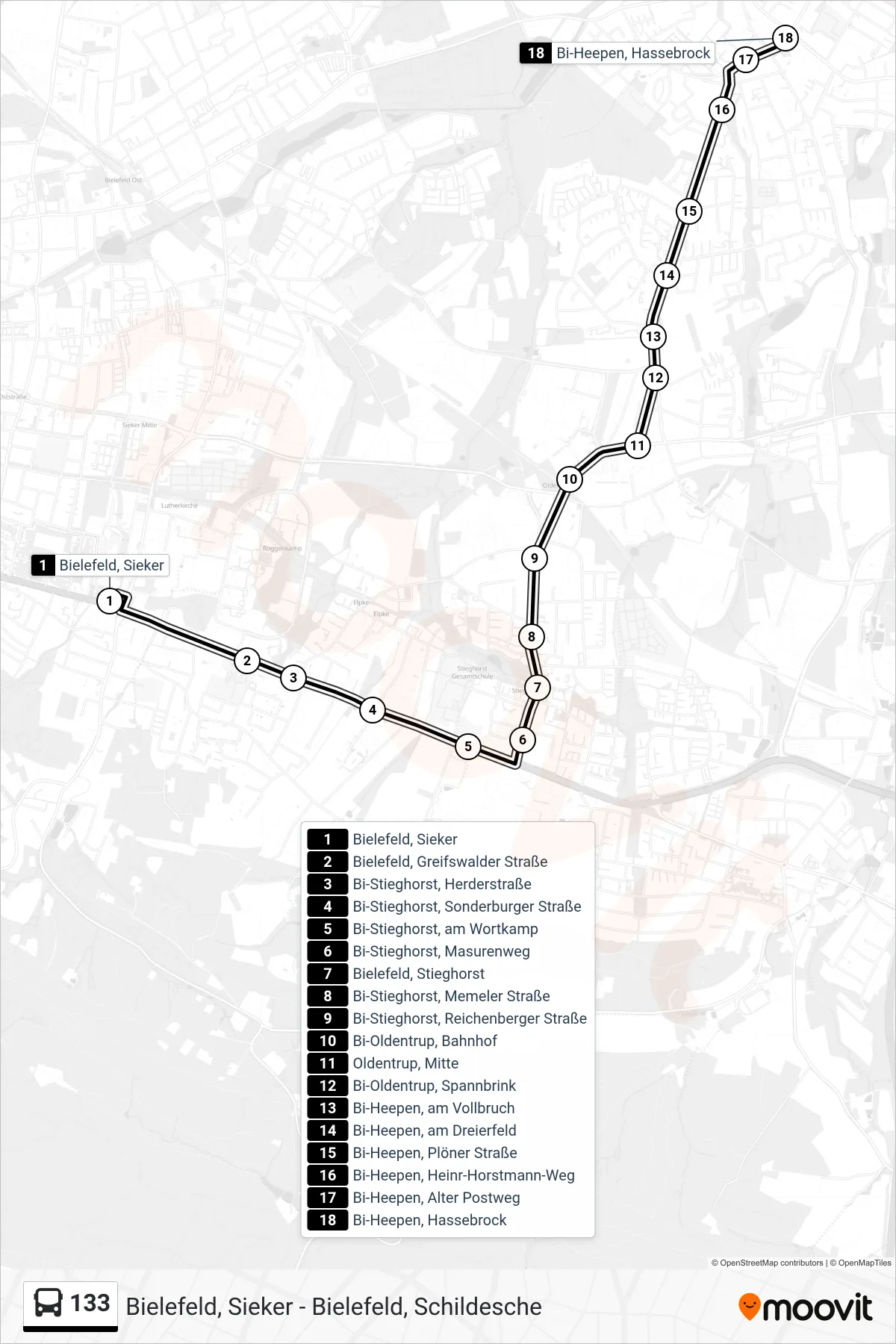 Linie 133 (Bus) Richtung Bi-Heepen, Hassebrock: Route und Haltestellen auf der Karte