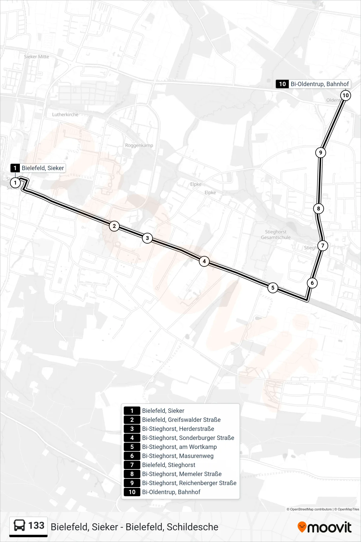 Linie 133 (Bus) Richtung Bi-Oldentrup, Bahnhof: Route und Haltestellen auf der Karte