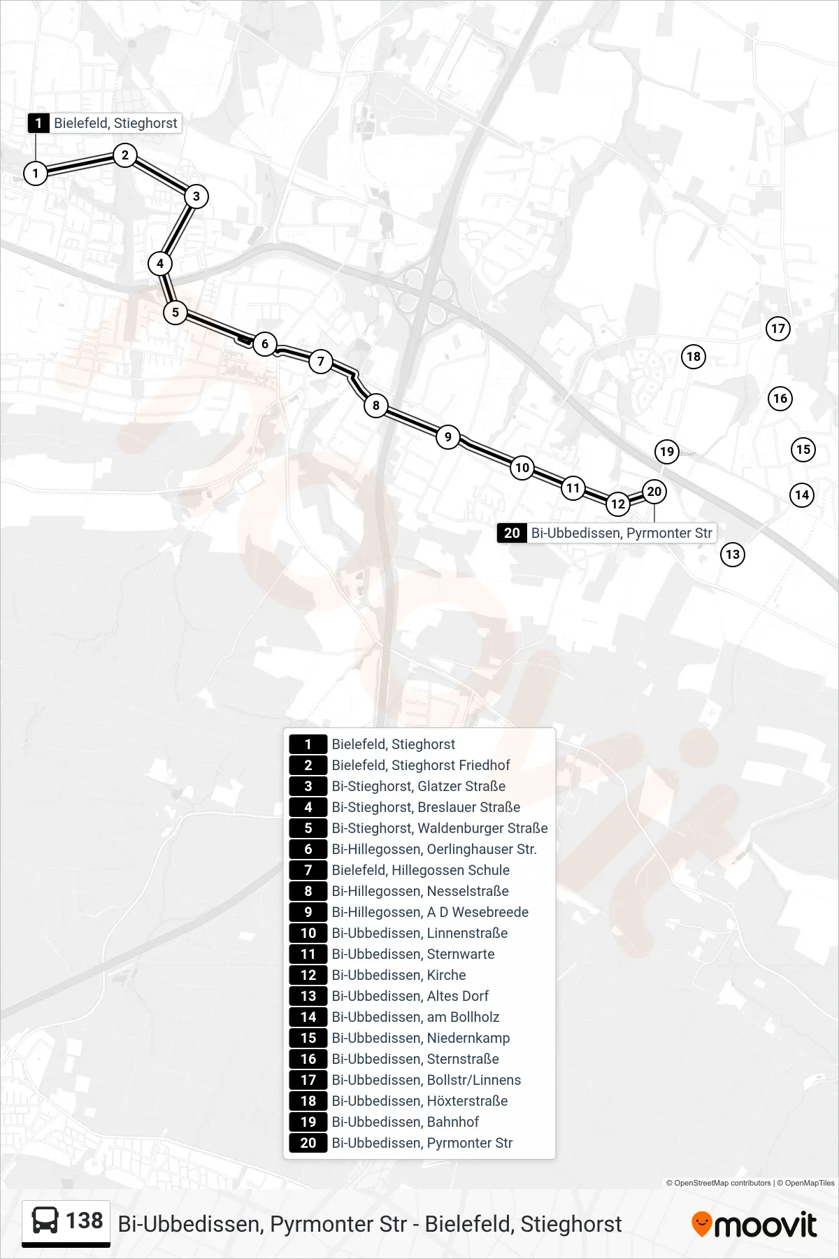 Linie 138 (Bus) Richtung Bi-Ubbedissen, Pyrmonter Str: Route und Haltestellen auf der Karte