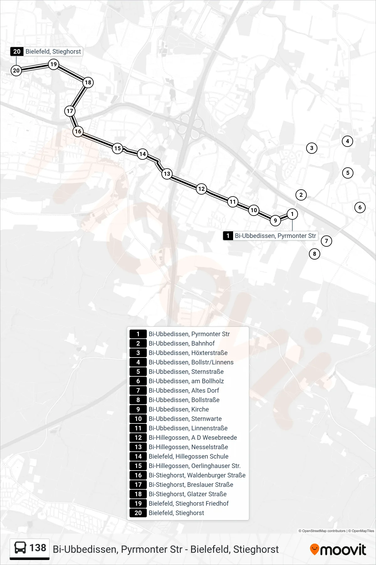 Linie 138 (Bus) Richtung Bielefeld, Stieghorst: Route und Haltestellen auf der Karte