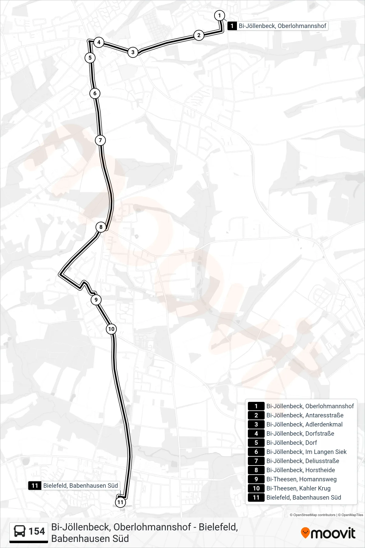 154 bus Line (Bielefeld, Babenhausen Süd) route and stops on a map