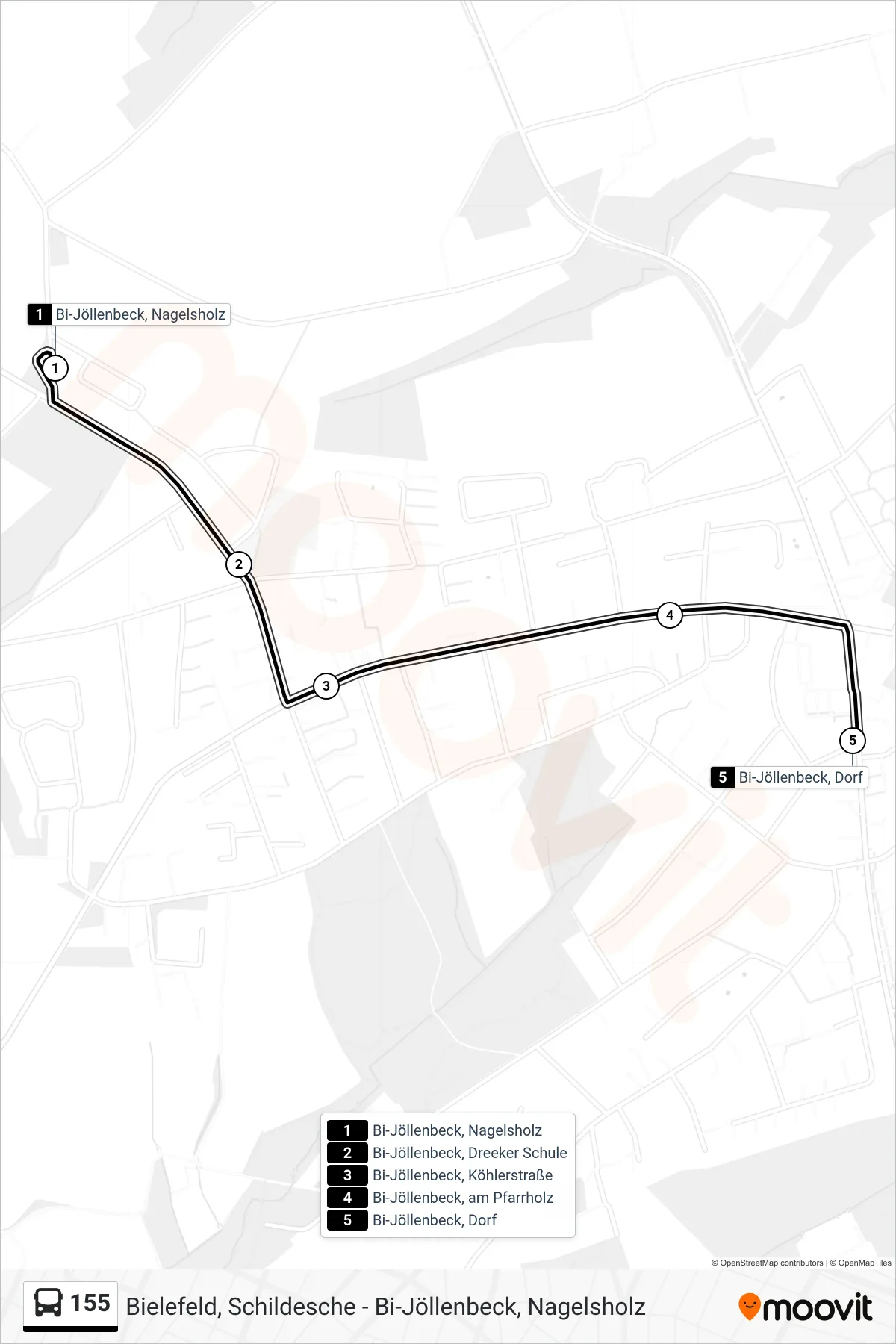 155 bus Line (Bi-Jöllenbeck, Dorf) route and stops on a map