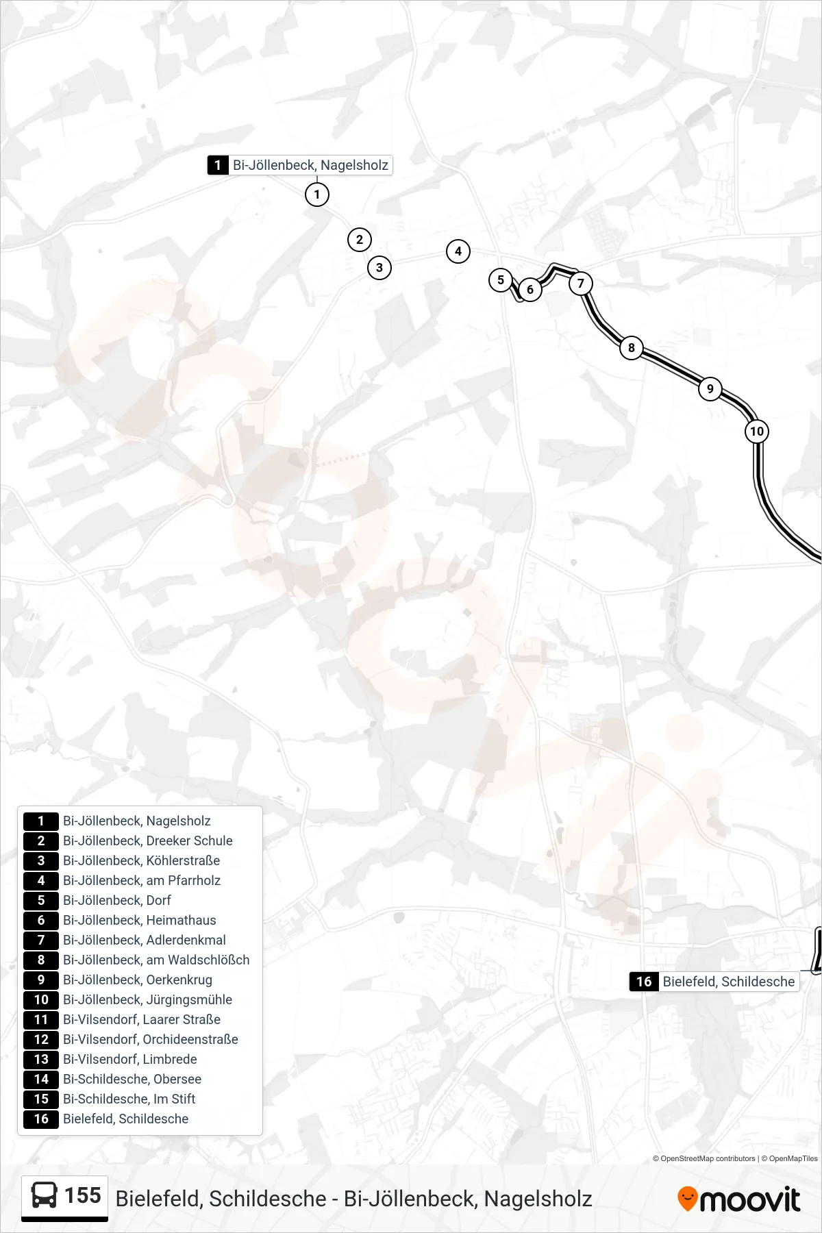 Linie 155 (Bus) Richtung Bielefeld, Schildesche: Route und Haltestellen auf der Karte