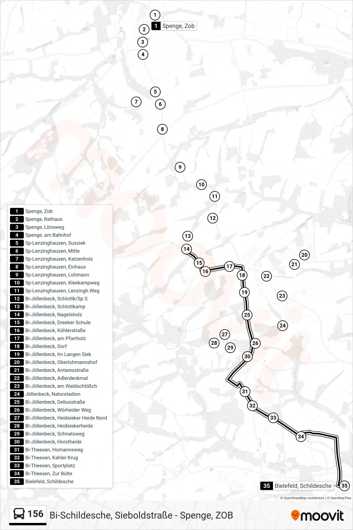 Linie 156 (Bus) Richtung Bielefeld, Schildesche: Route und Haltestellen auf der Karte