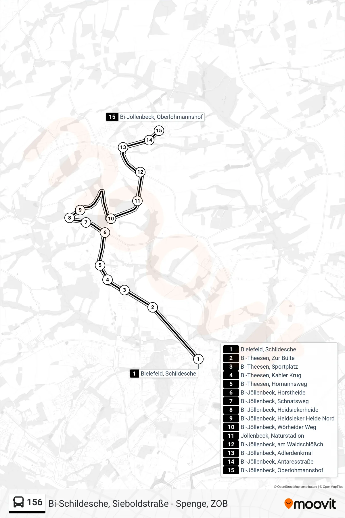 156 bus Line (Bi-Jöllenbeck, Oberlohmannshof) route and stops on a map