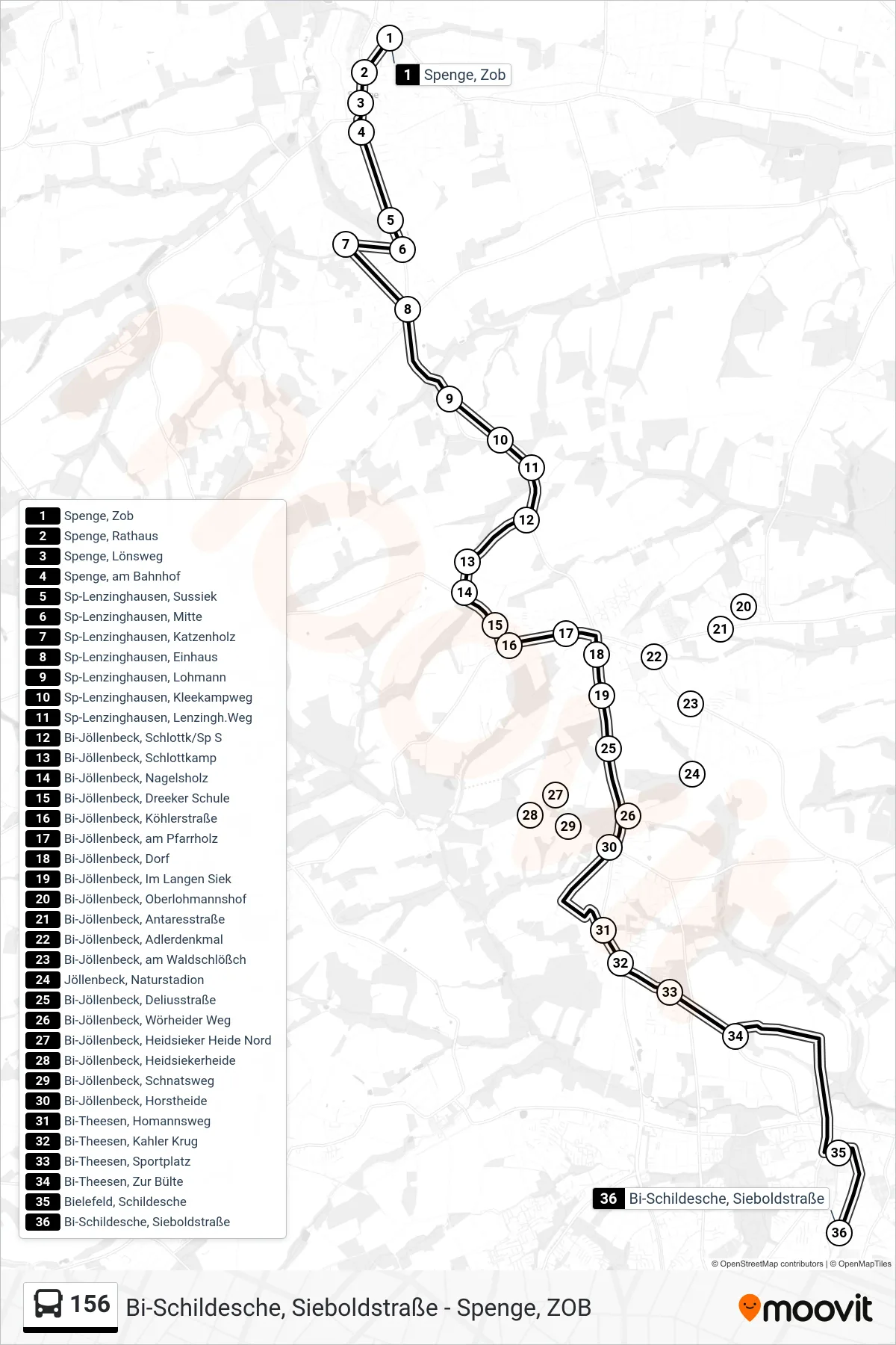 Linie 156 (Bus) Richtung Bi-Schildesche, Sieboldstraße: Route und Haltestellen auf der Karte