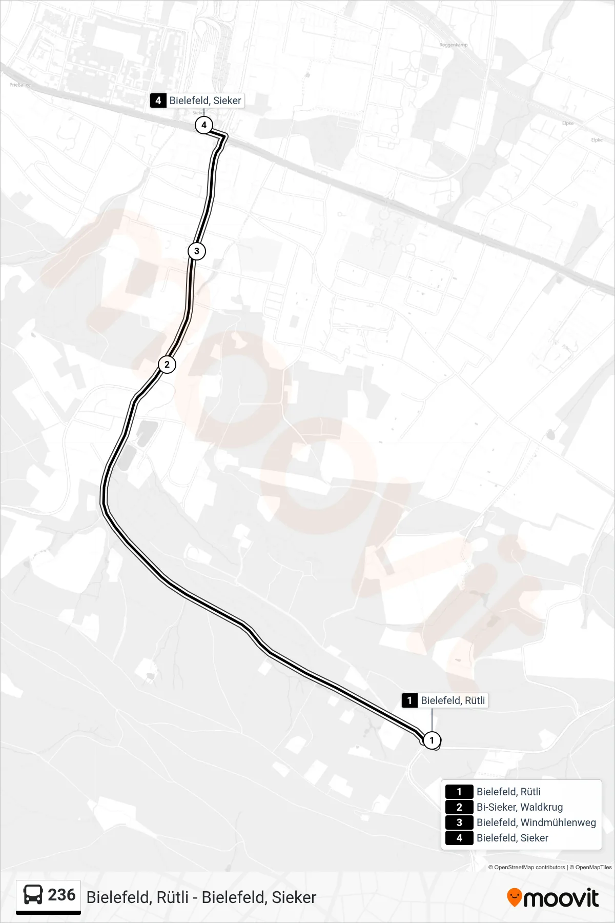 Linie 236 (Bus) Richtung Bielefeld, Sieker: Route und Haltestellen auf der Karte