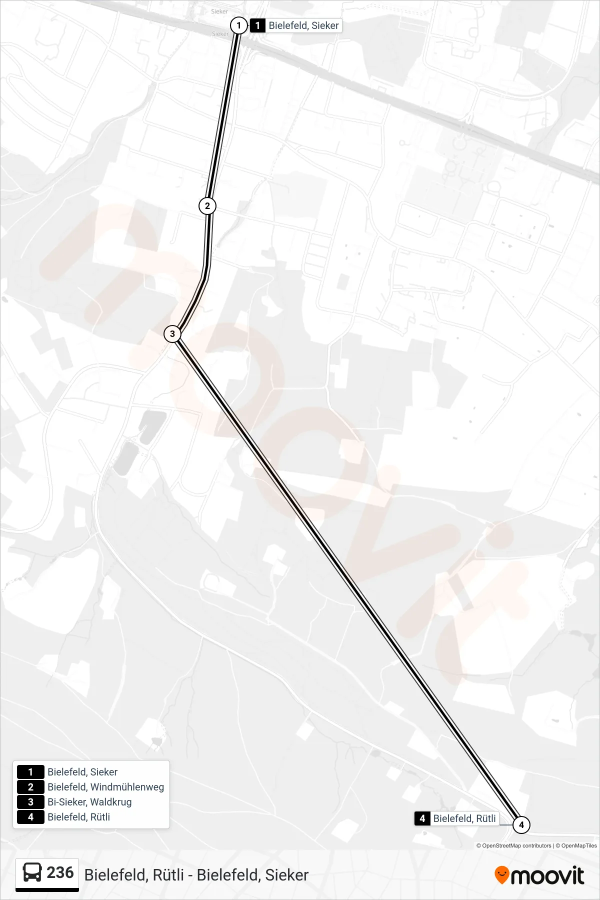236 bus Line (Bielefeld, Rütli) route and stops on a map
