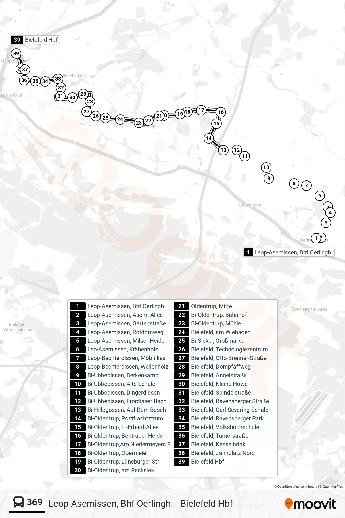 369 bus Line (Bielefeld Hbf) route and stops on a map