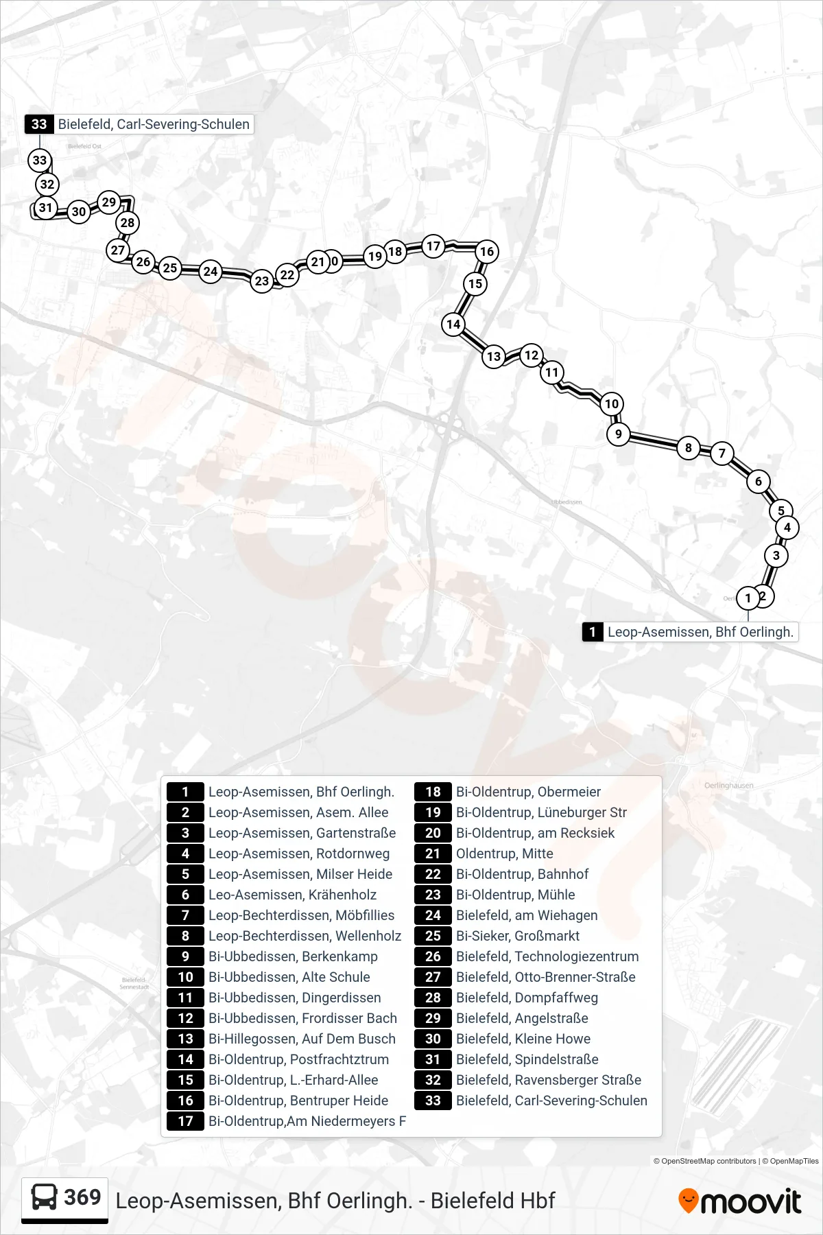 Linie 369 (Bus) Richtung Bielefeld, Carl-Severing-Schulen: Route und Haltestellen auf der Karte