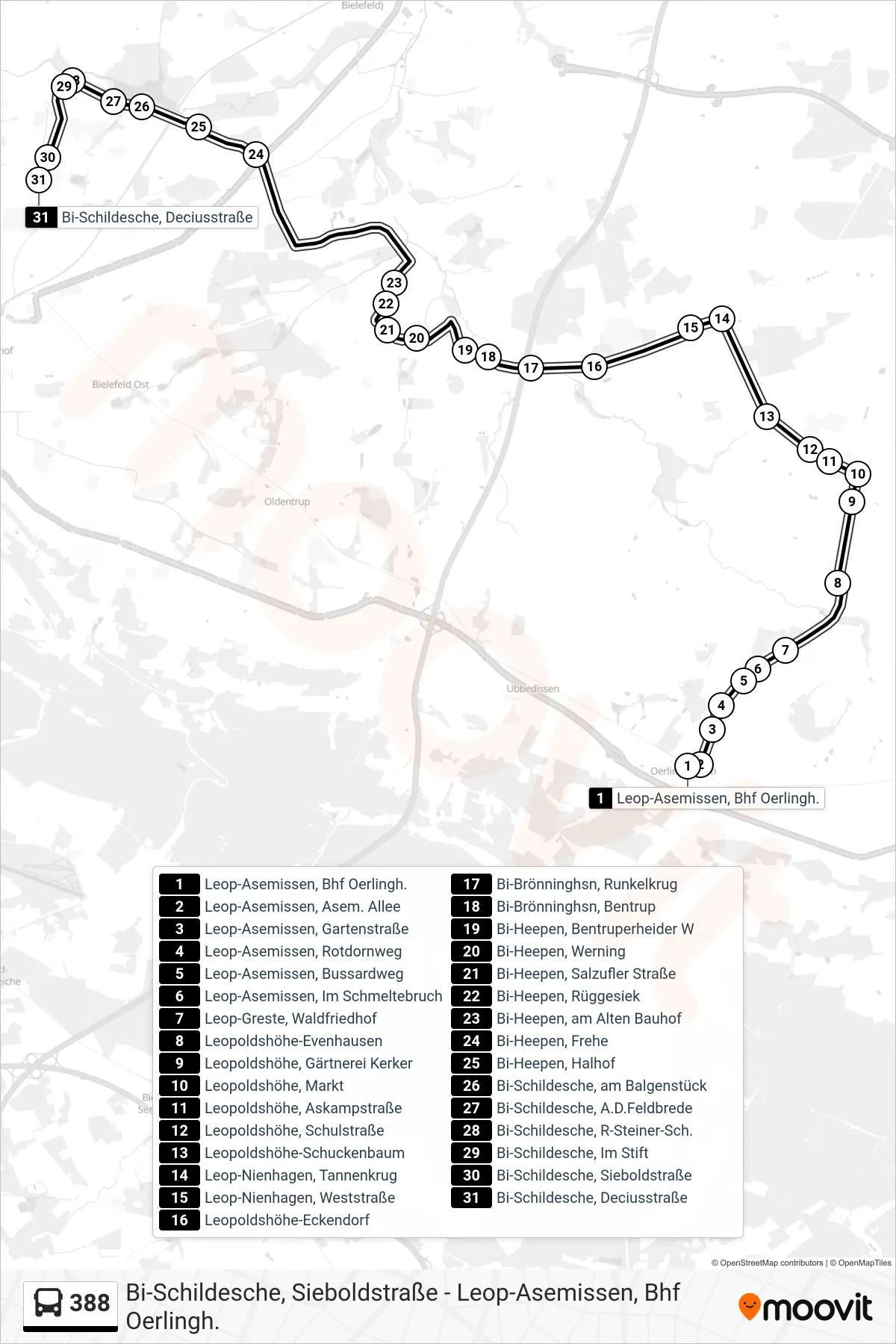 Linie 388 (Bus) Richtung Bi-Schildesche, Deciusstraße: Route und Haltestellen auf der Karte