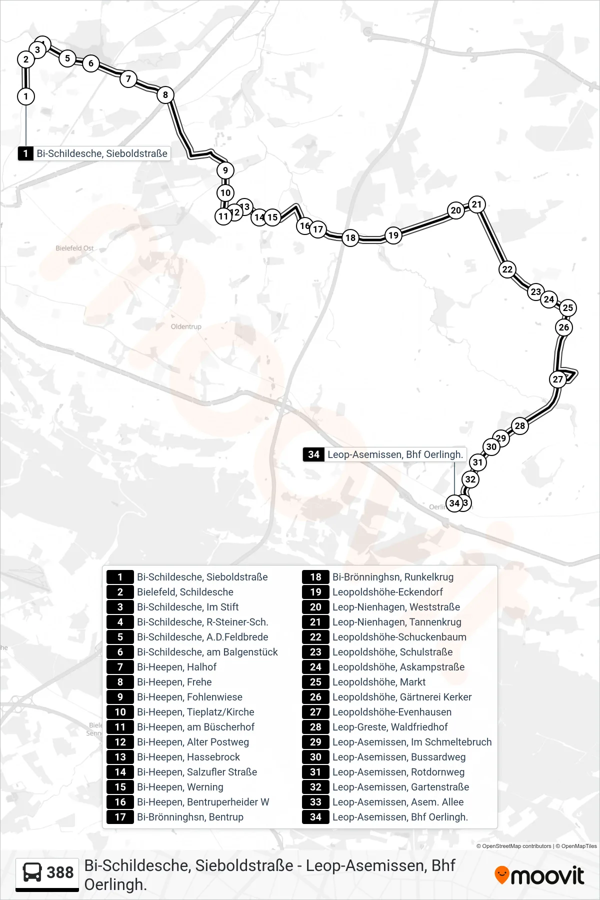 388 bus Line (Leop-Asemissen, Bhf Oerlingh.) route and stops on a map