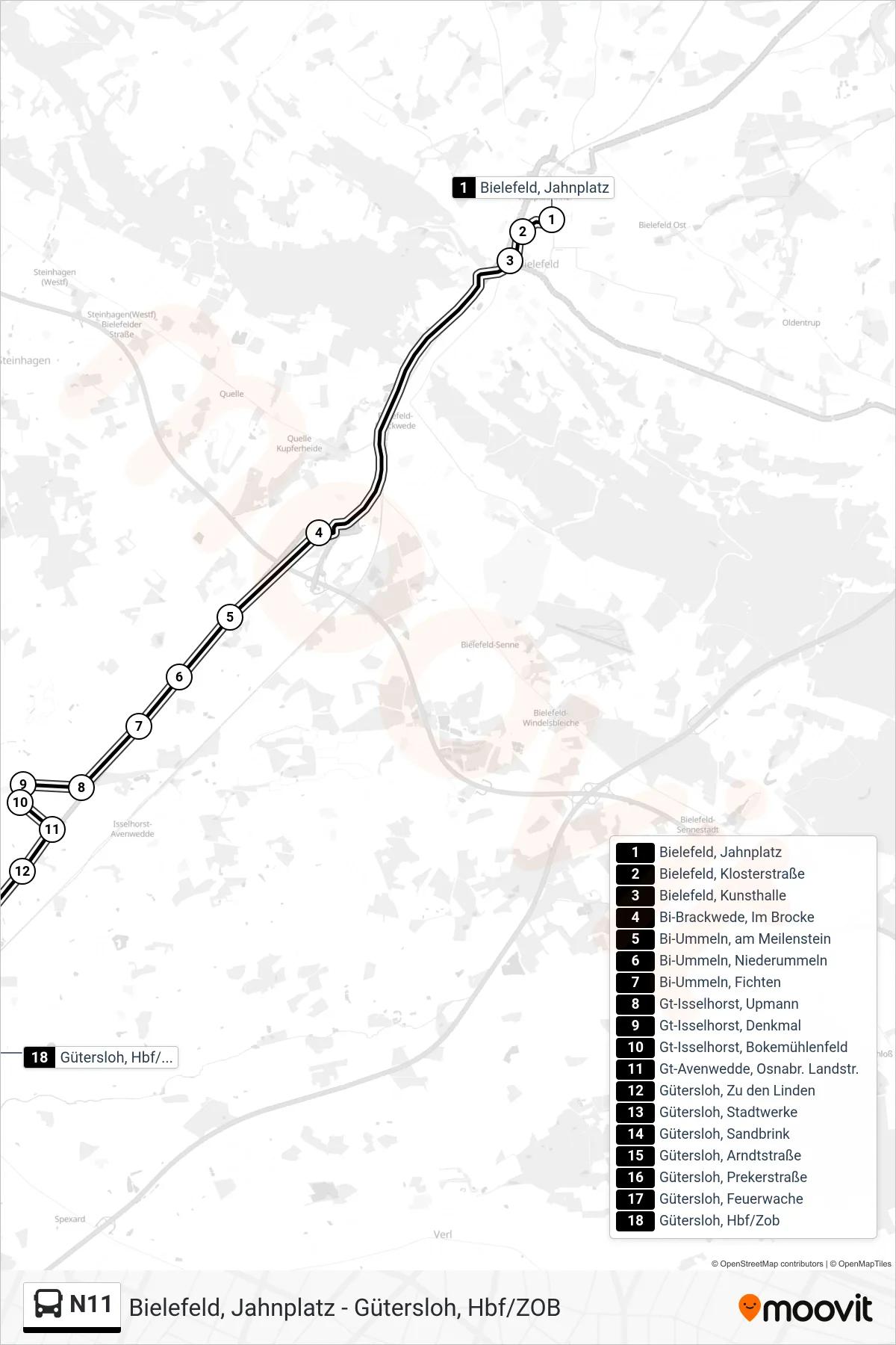 N11 bus Line (Gütersloh, Hbf/Zob) route and stops on a map