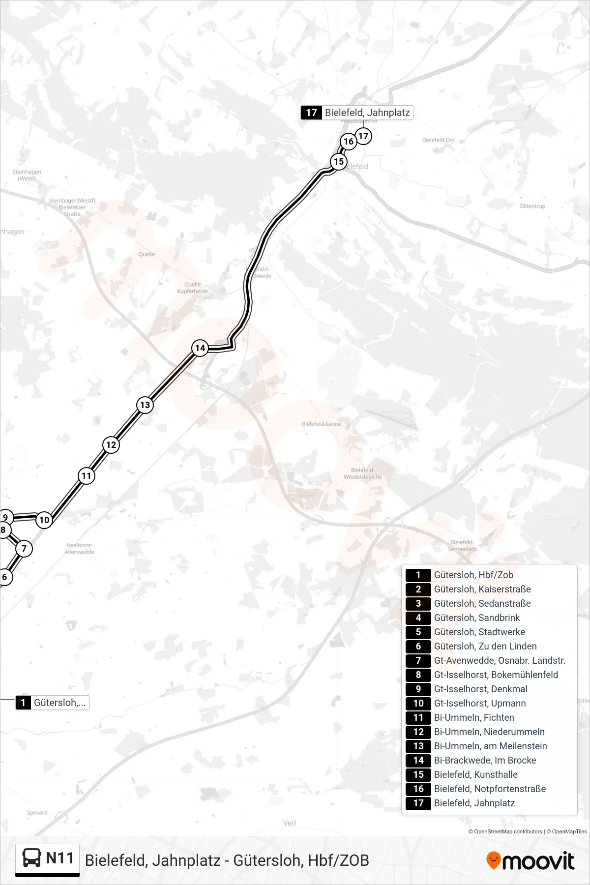 Linie N11 (Bus) Richtung Bielefeld, Jahnplatz: Route und Haltestellen auf der Karte