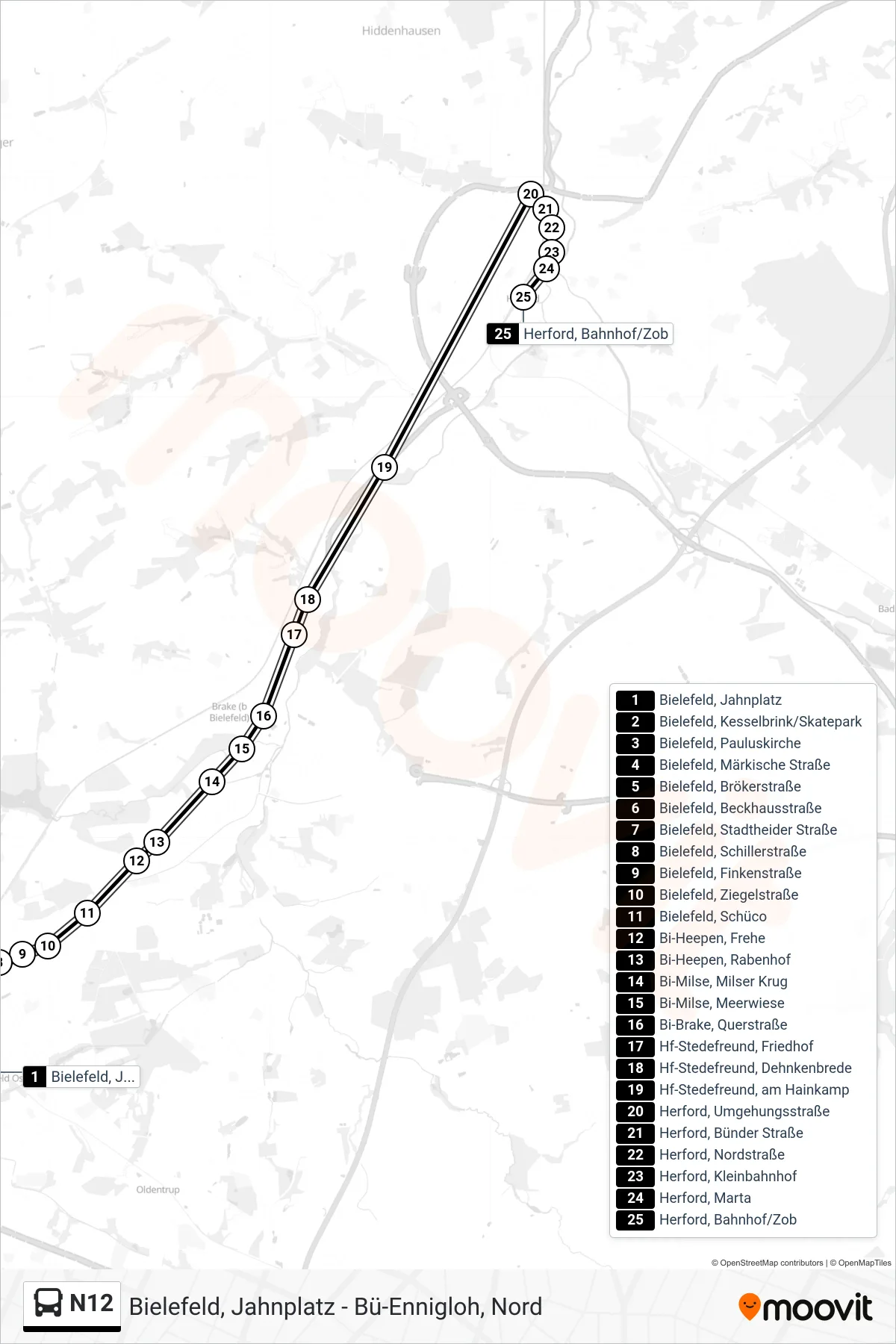 Linie N12 (Bus) Richtung Herford, Bahnhof/Zob: Route und Haltestellen auf der Karte