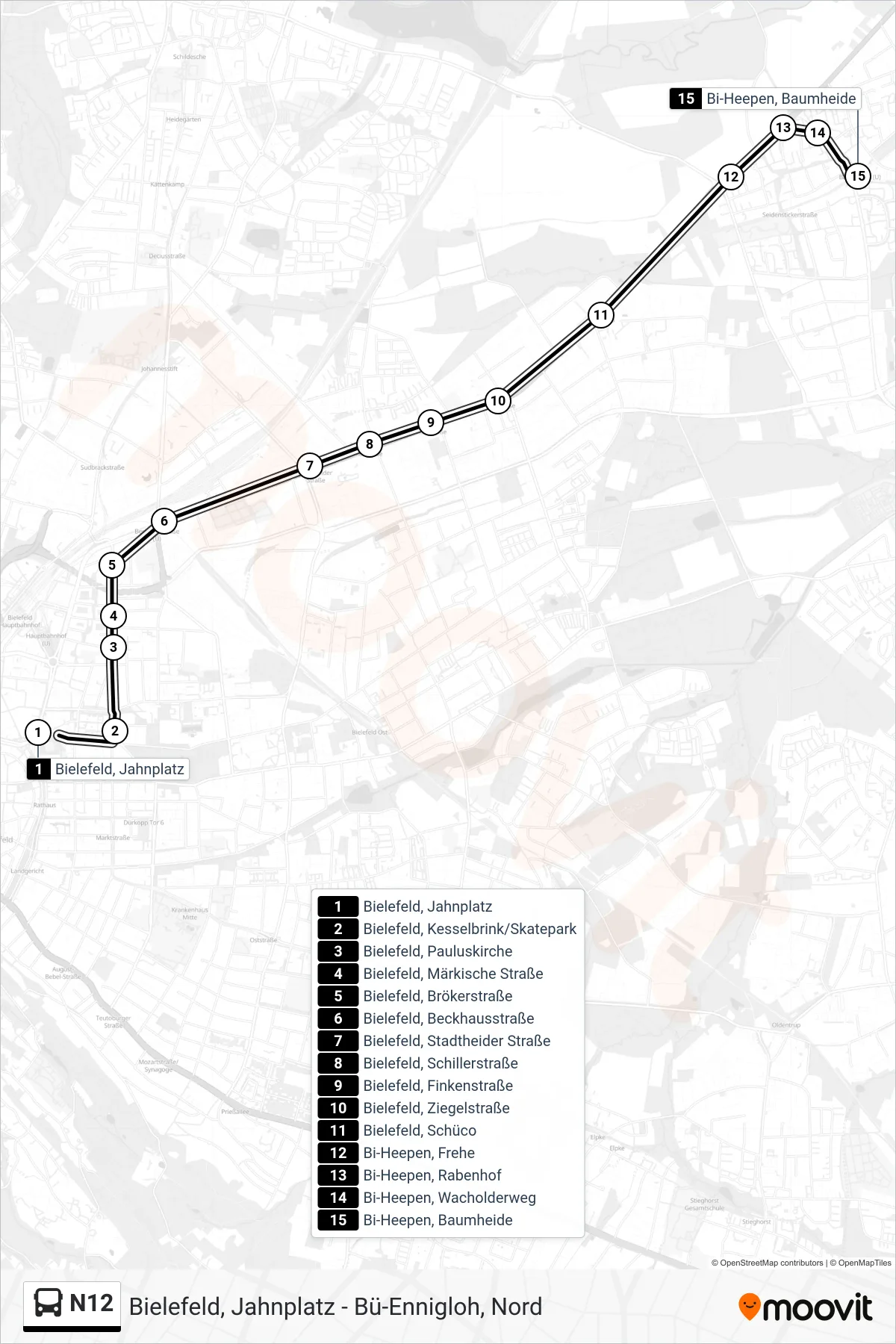 N12 bus Line (Bi-Heepen, Baumheide) route and stops on a map