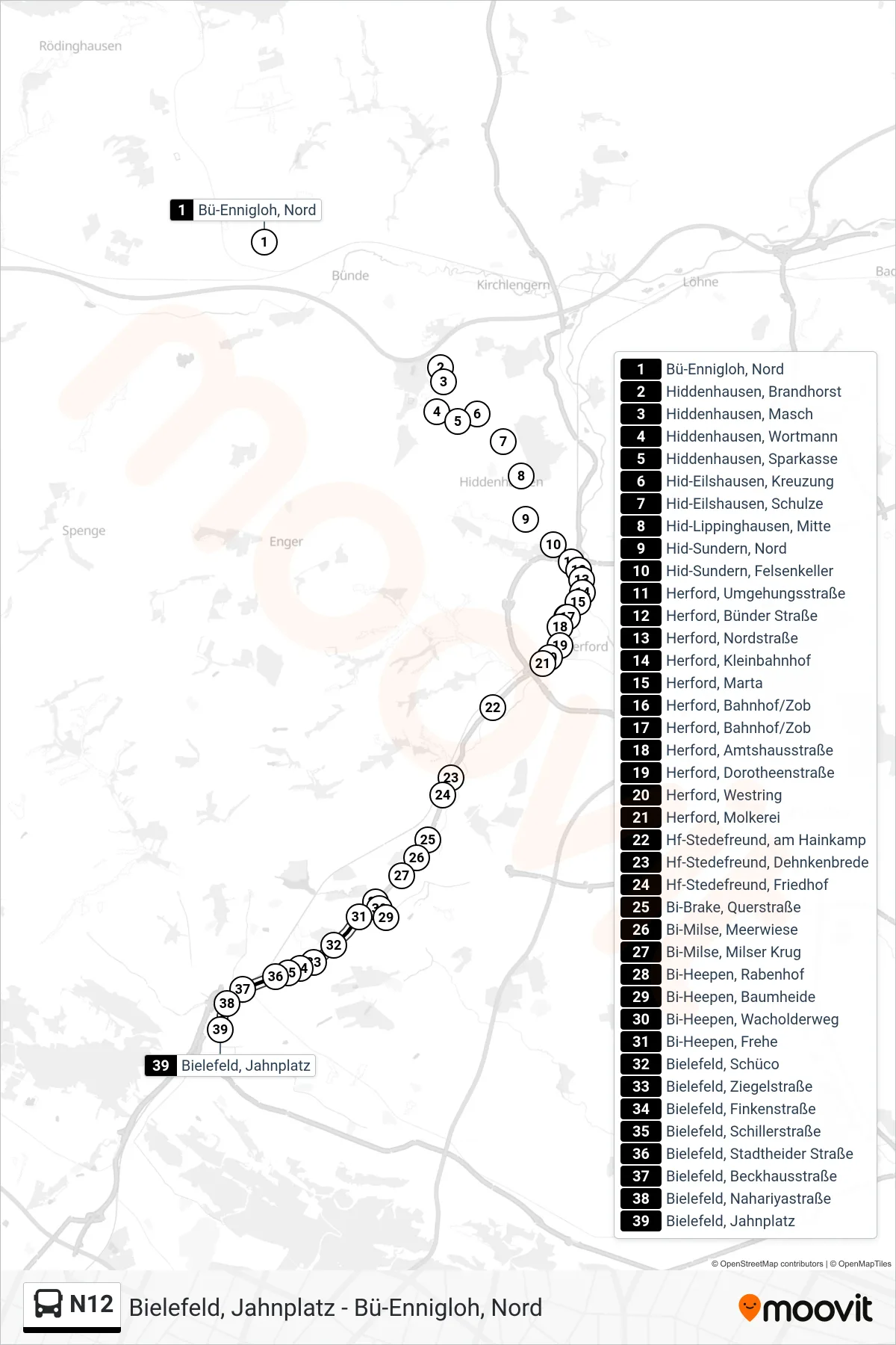 N12 bus Line (Bielefeld, Jahnplatz) route and stops on a map