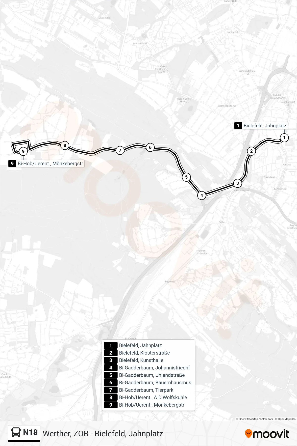 Linie N18 (Bus) Richtung Bi-Hob/Uerent., Mönkebergstr: Route und Haltestellen auf der Karte