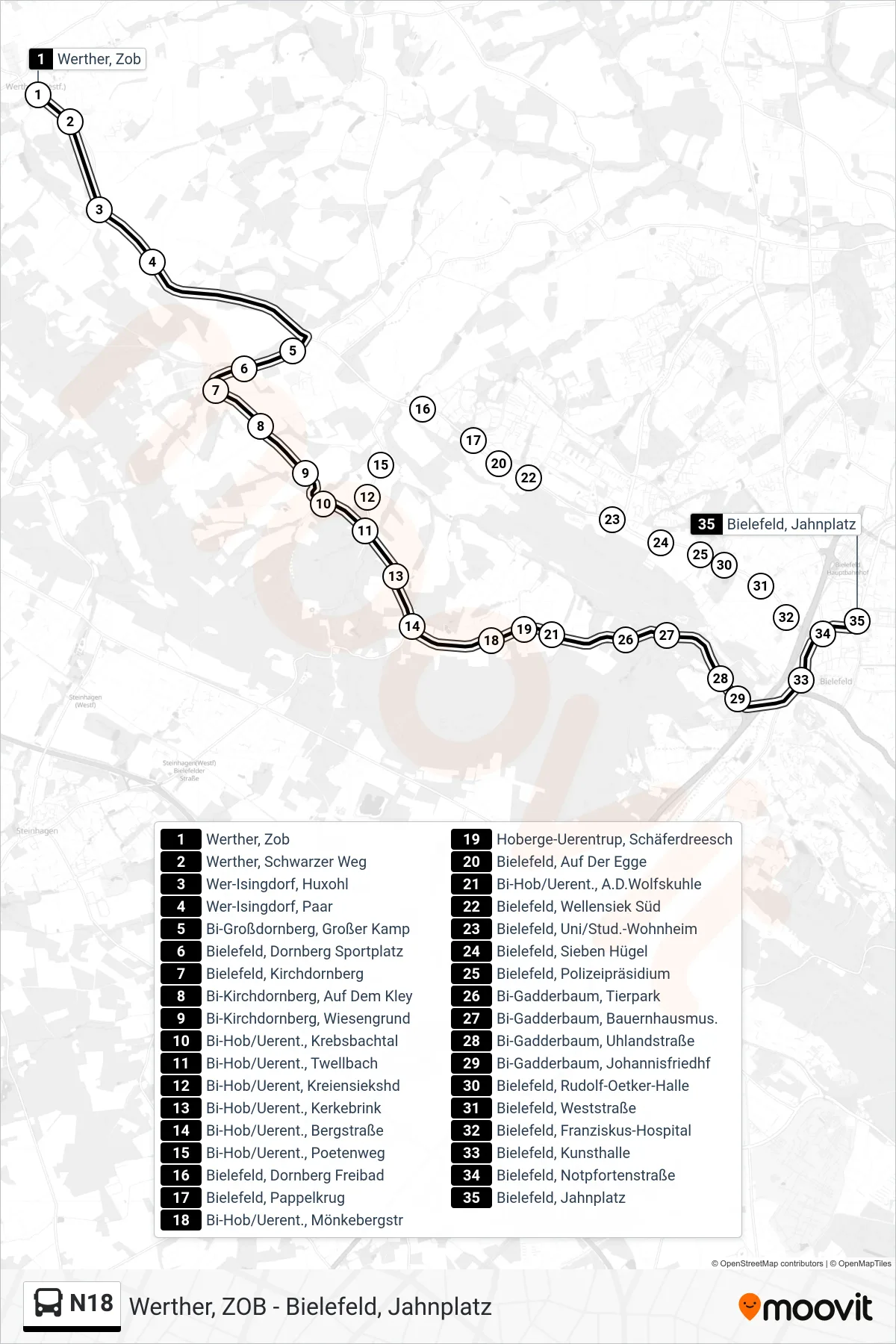 Linie N18 (Bus) Richtung Bielefeld, Jahnplatz: Route und Haltestellen auf der Karte
